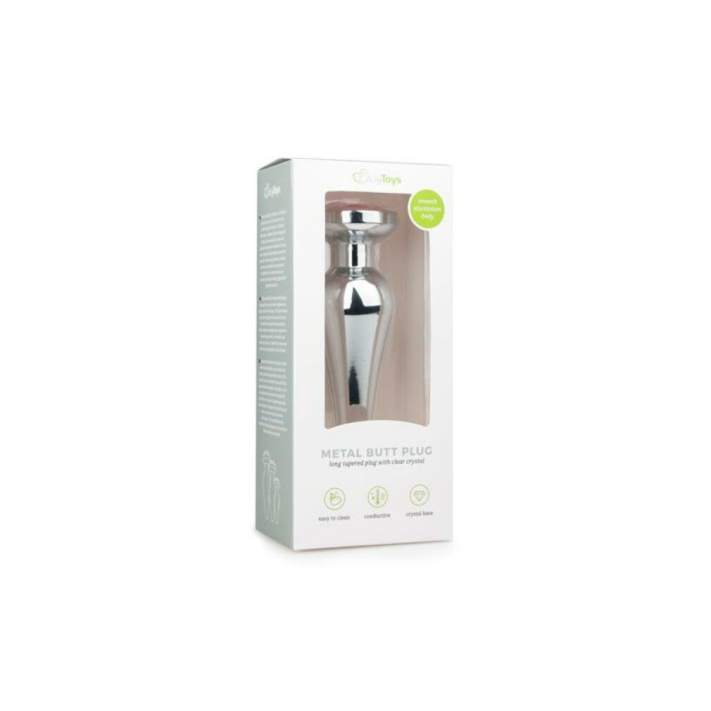 Confezione con plug anale. Scatola bianca con immagine e testo: METAL BUTT PLUG.