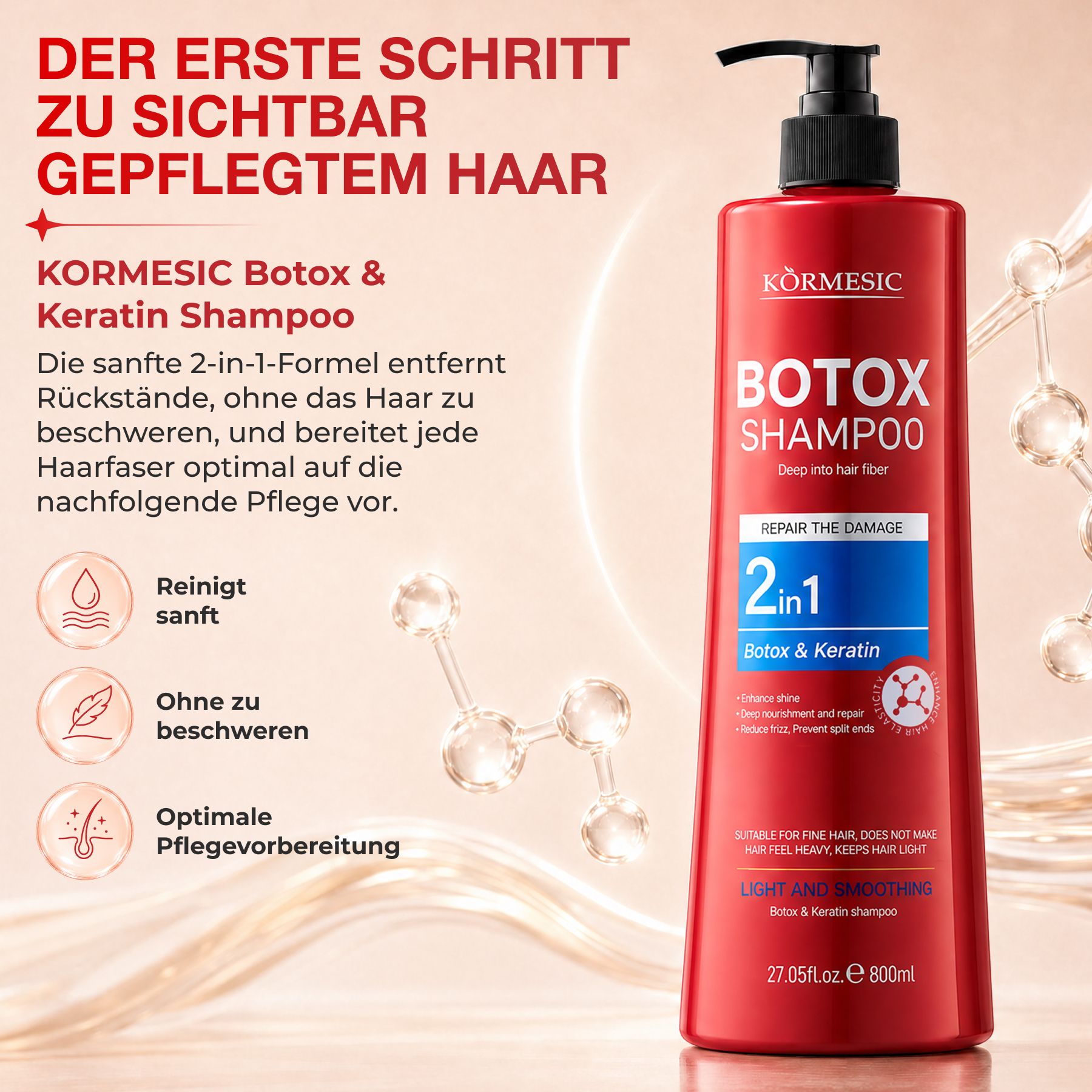Flacone rosso Kormesic 2-in-1 Botox & Keratin Shampoo con dispenser a pompa, 800ml.