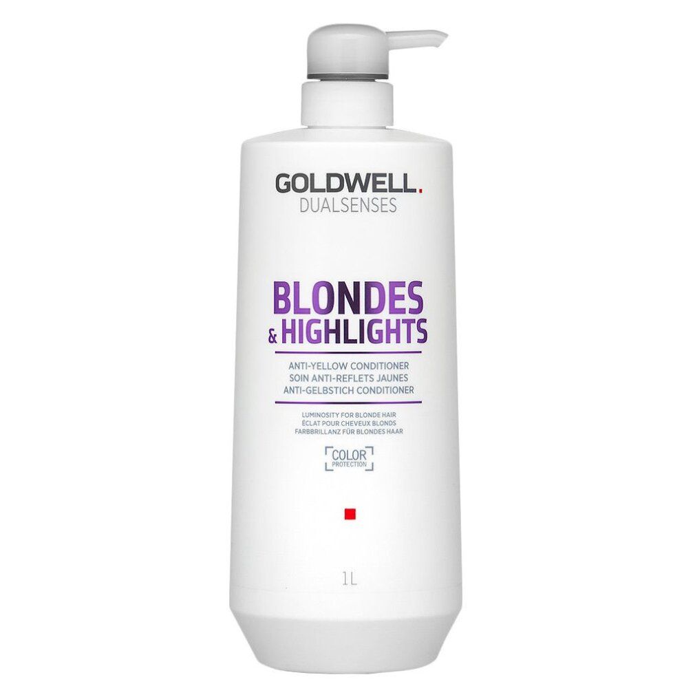 Flacone bianco con dosatore. Scritta: Goldwell Dual Senses Blondes & Highlights Anti-Gelbstich Conditioner. 1L.