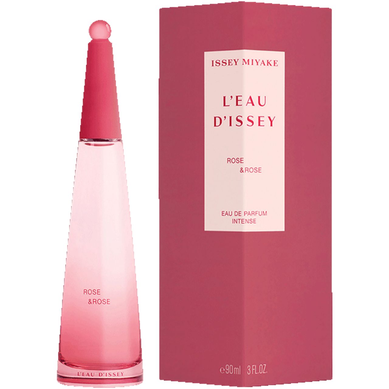 Flacone e confezione rosa. Scritta "L'Eau d'Issey Rose & Rose".