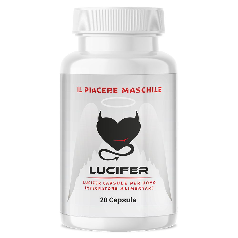 Flacone bianco con "LUCIFER" e "20 capsule". Logo: cuore alato con coda di diavolo. Testo: "IL PIACERE MASCHILE".