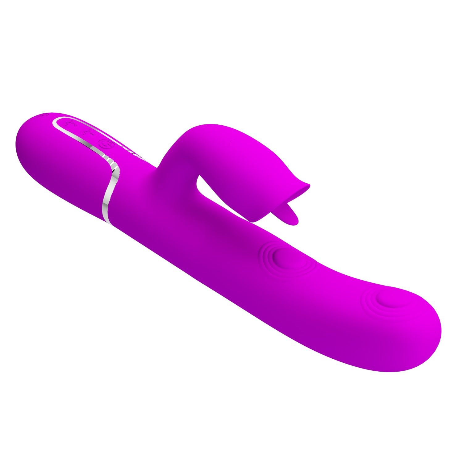Vibratore viola con design a orecchie di coniglio. Dettagli argentati. Vista obliqua.