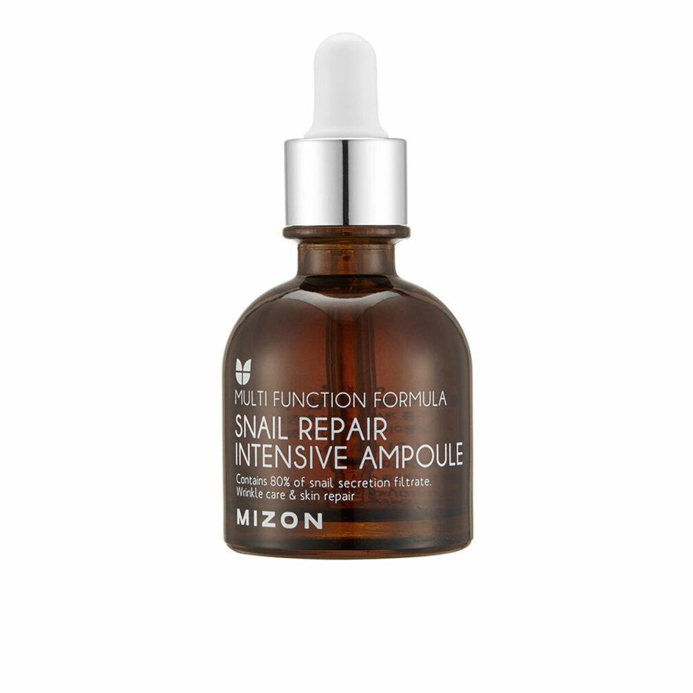 Flacone di vetro marrone con tappo argentato e pipetta. Scritta: Snail Repair Intensive Ampoule. Marchio: MIZON.