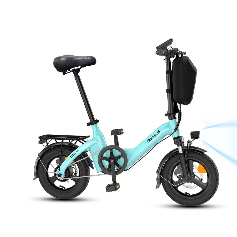 Bicicletta elettrica azzurra con portapacchi, sella e manubrio neri. Faro acceso. Scritta "T16 Pro".
