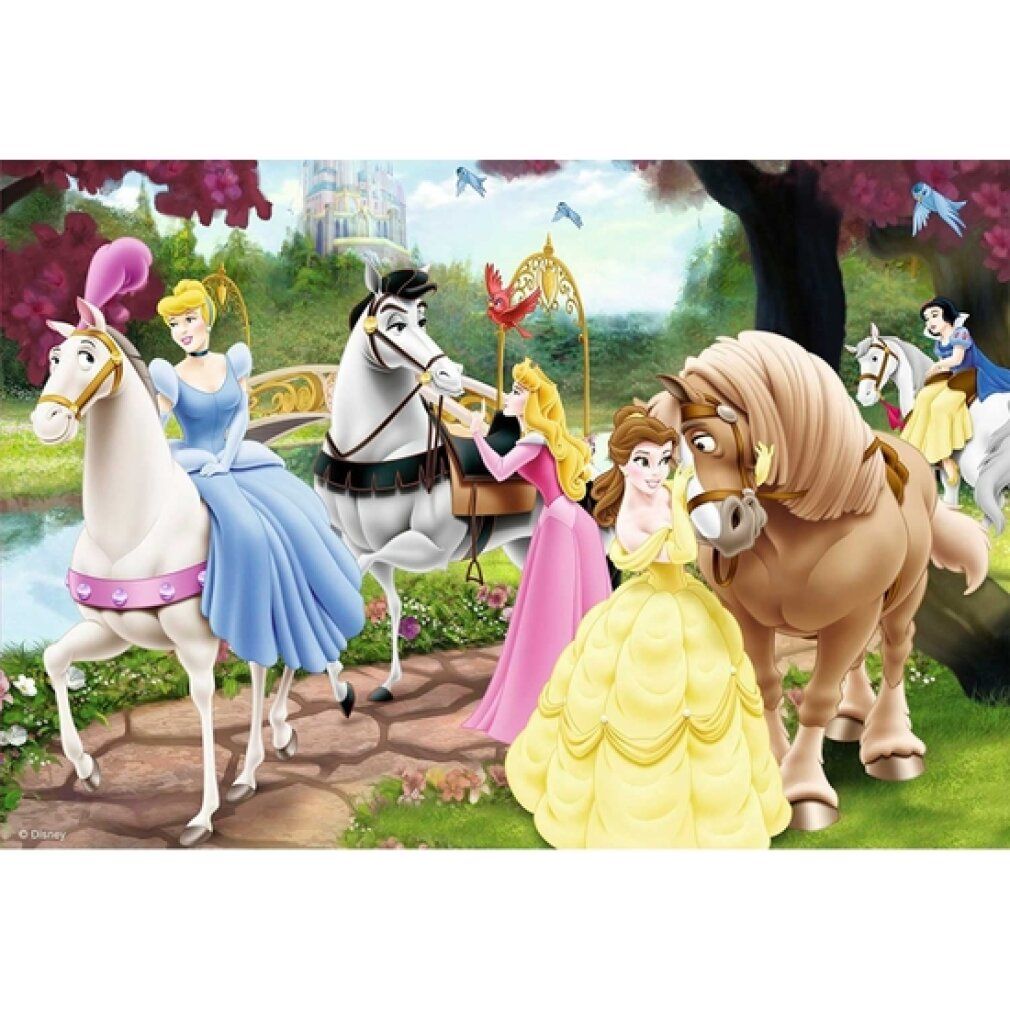 Illustrazione delle Principesse Disney. Principesse a cavallo, in giardino. Castello sullo sfondo. Rappresentazione colorata.