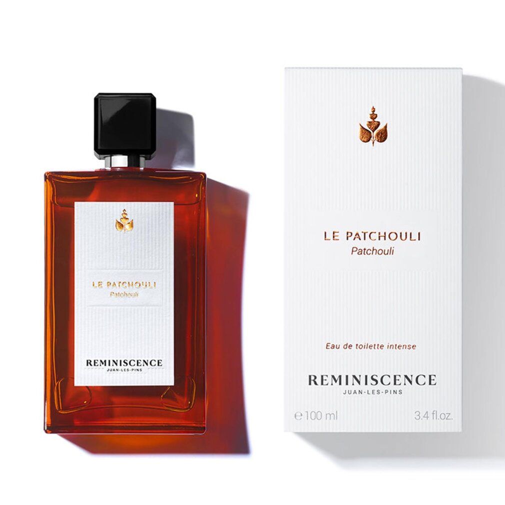 Flacone in vetro ambrato con tappo nero e confezione bianca. Scritta "LE PATCHOULI" e "REMINISCENCE".