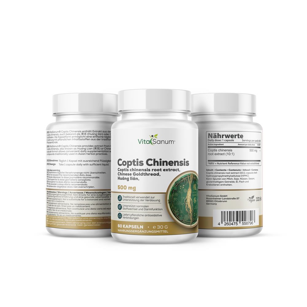Tre flaconi bianchi di VitaSanum Coptis Chinensis, 500 mg, 60 capsule. Testo in tedesco.