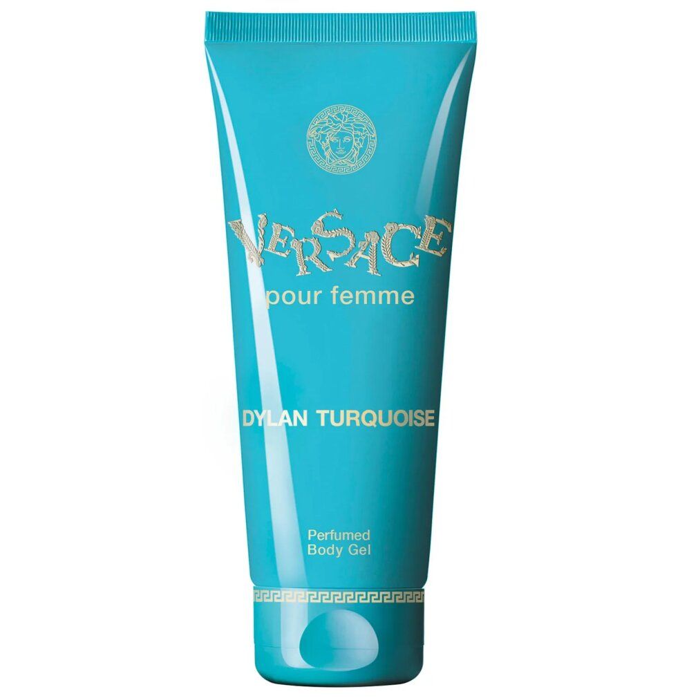 Tubo turchese. Scritta Versace pour femme Dylan Turquoise. Gel corpo profumato. Logo dorato.