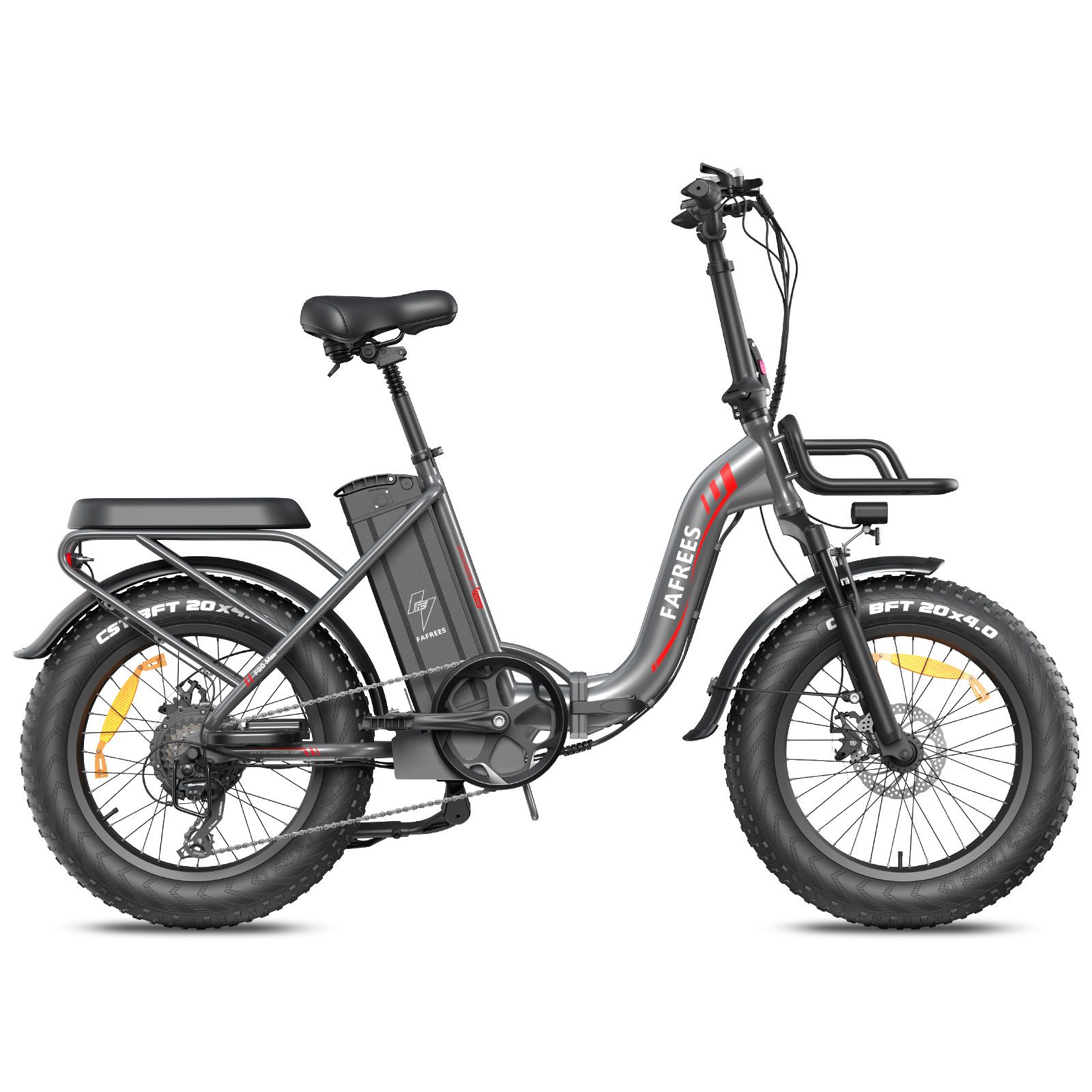 E-bike pieghevole grigia con pneumatici larghi, portapacchi e batteria. Marchio FAFREES. Linea rossa sul telaio.