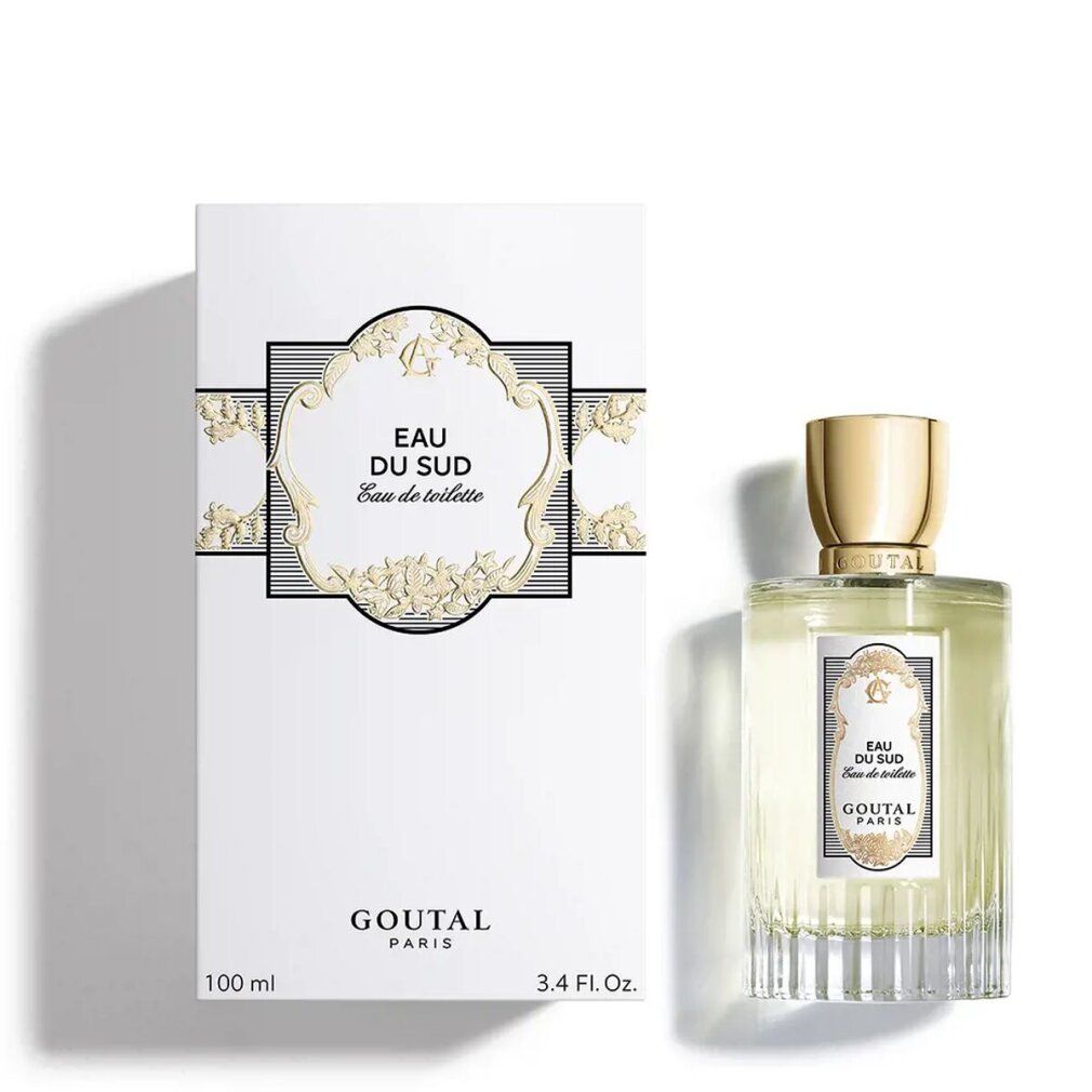 Goutal Paris Eau Du Sud Eau De Toilette Spray e confezione. Flacone rettangolare accanto a scatola bianca con testo e decorazioni.