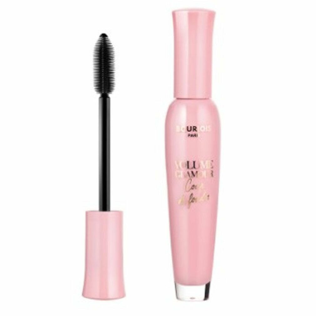 Tubo di mascara rosa e spazzola. Scritta: Bourjois Volume Glamour Coup de Foudre Black. Spazzola nera.