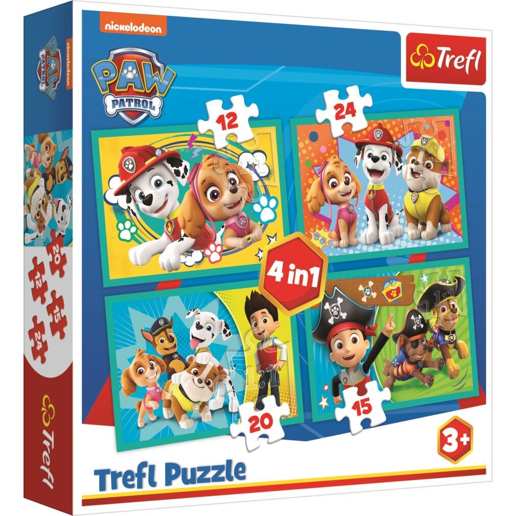 Scatola puzzle Paw Patrol. Contiene quattro puzzle da 12, 15, 20 e 24 pezzi. Marchio Trefl, logo Nickelodeon.