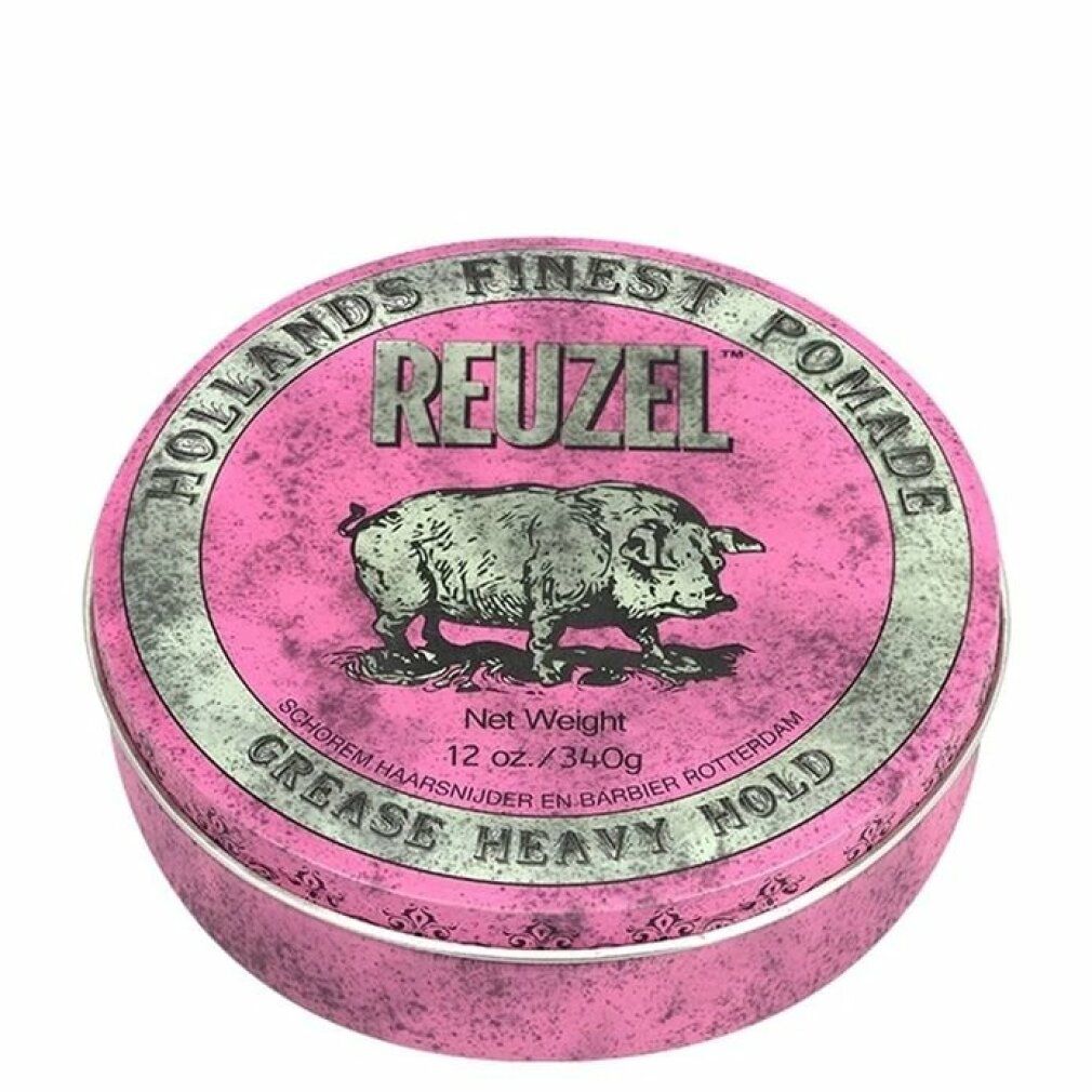 Barattolo rotondo rosa. Scritta Reuzel, illustrazione di maiale, testo. 12 oz./340g. "Grease Heavy Hold".