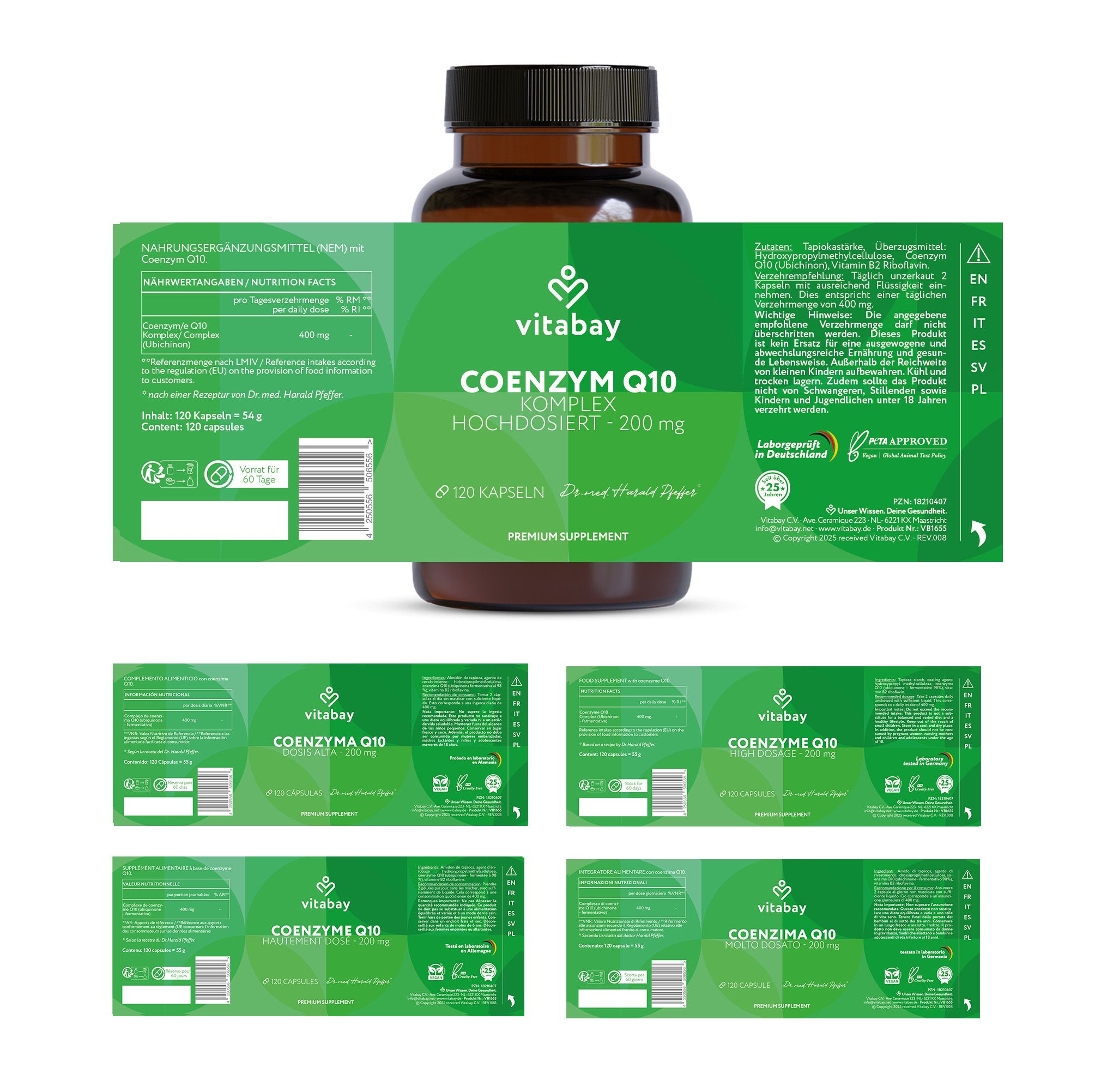 Bottiglia marrone con etichetta verde. Etichetta con testo: Coenzima Q10, ad alto dosaggio, 200mg. Diverse etichette accanto.