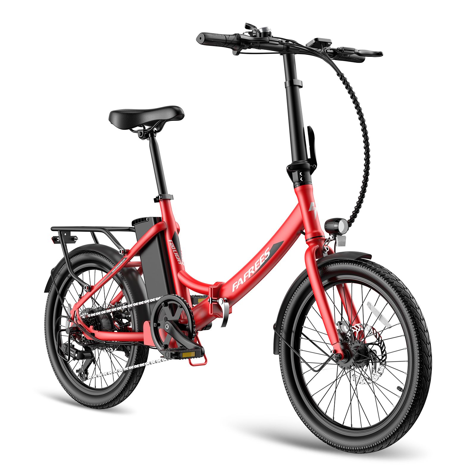 E-bike Fafrees F20Light rossa. Componenti neri, portapacchi, parafanghi. Vista frontale.