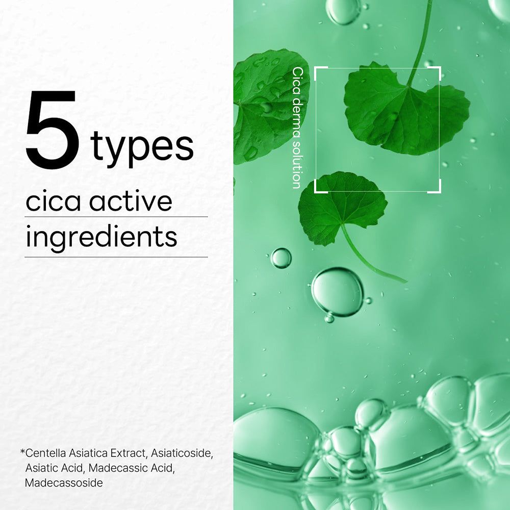 Foglie verdi in acqua. Testo: 5 tipi di ingredienti attivi cica. Estratto di Centella Asiatica, Asiaticoside, Acido asiatico, Acido madecassico, Madecassoside.
