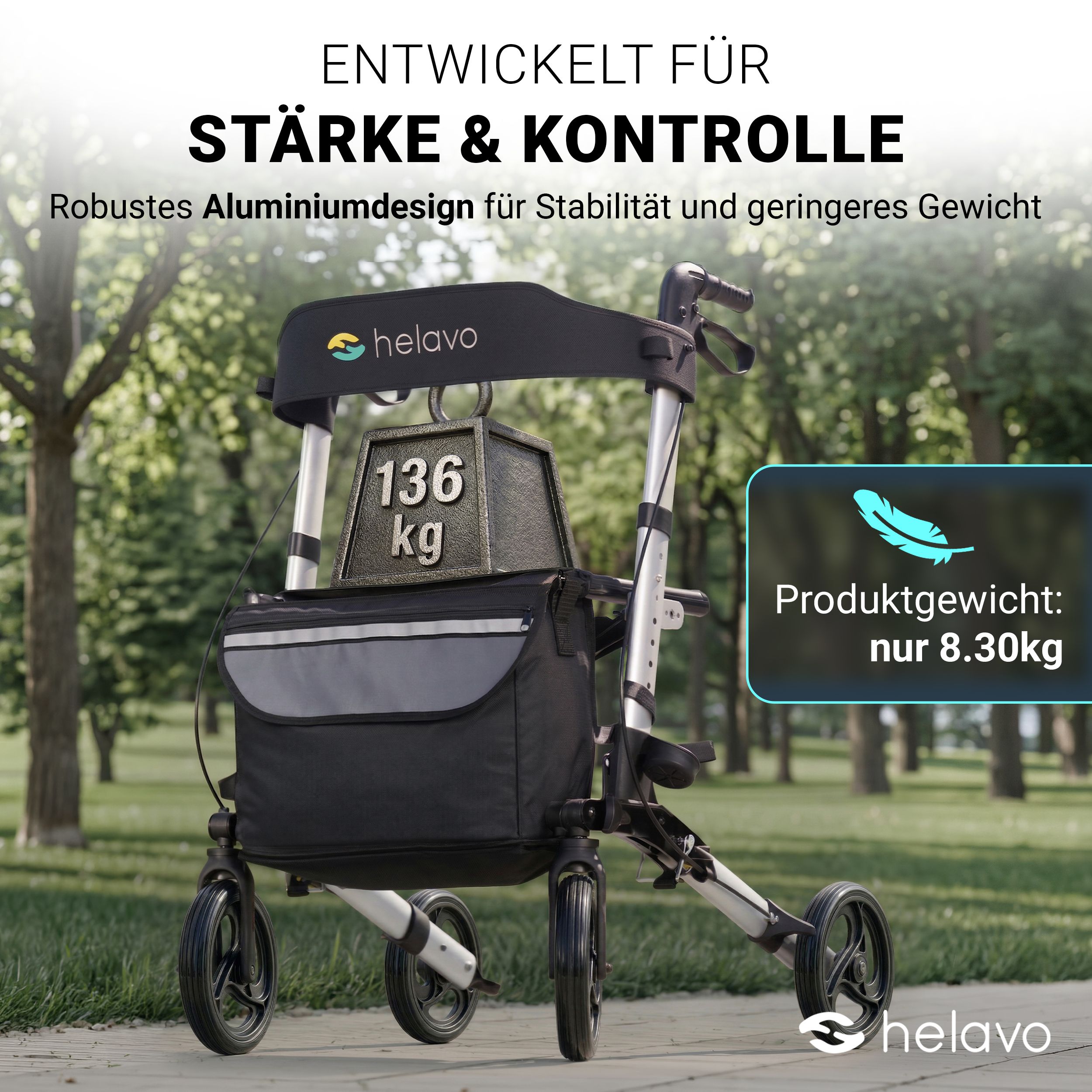 Rollator in alluminio caricato con 136 kg; peso prodotto solo 8,30 kg.