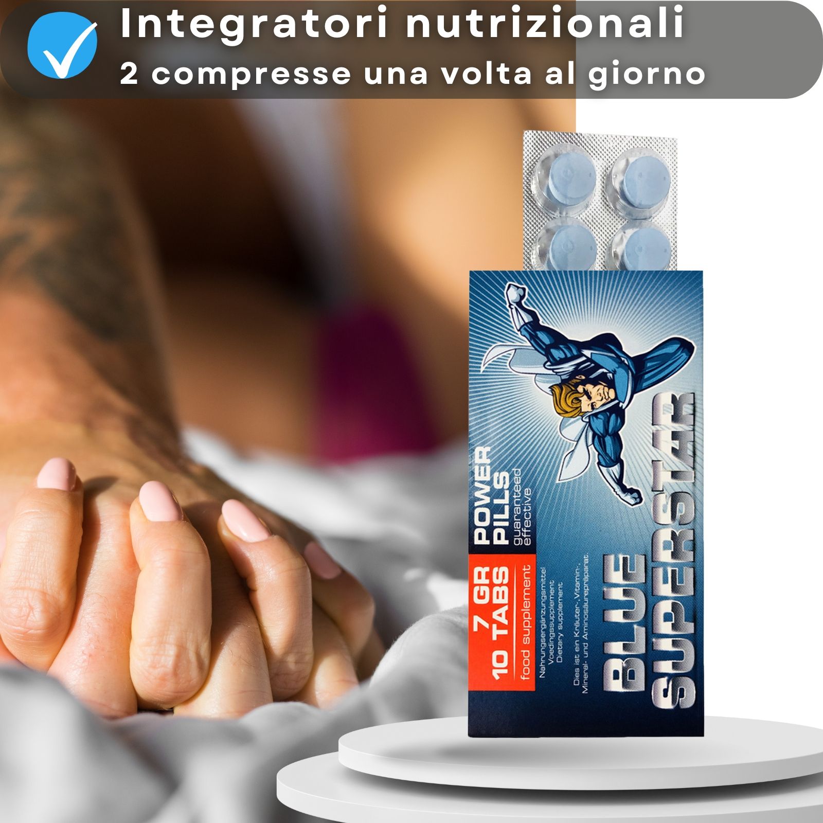 Confezione del prodotto e blister di compresse. Testo: BLUE SUPERSTAR, 10 compresse, 7 GR Power Pills.