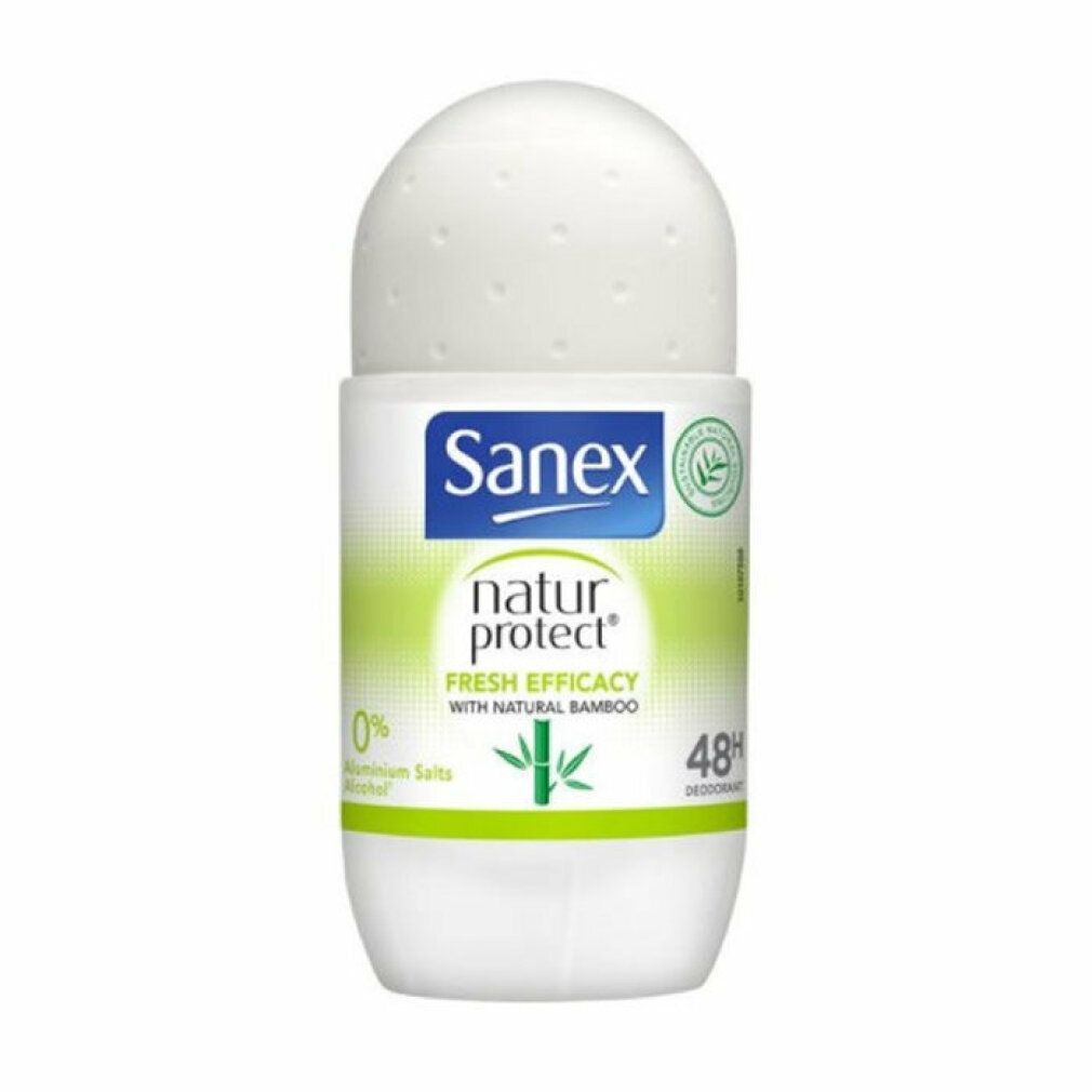 Deodorante roll-on Sanex Natur Protect. Contenitore bianco con testina roll-on. Contiene bambù. Protezione 48h. Senza sali di alluminio.