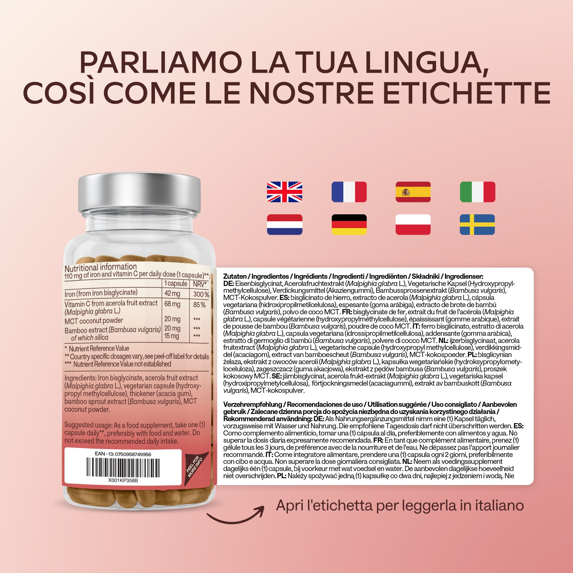 Retro di un flacone di capsule. Contiene informazioni nutrizionali. Testo: bisglicinato di ferro, vitamina C, polvere di cocco MCT.