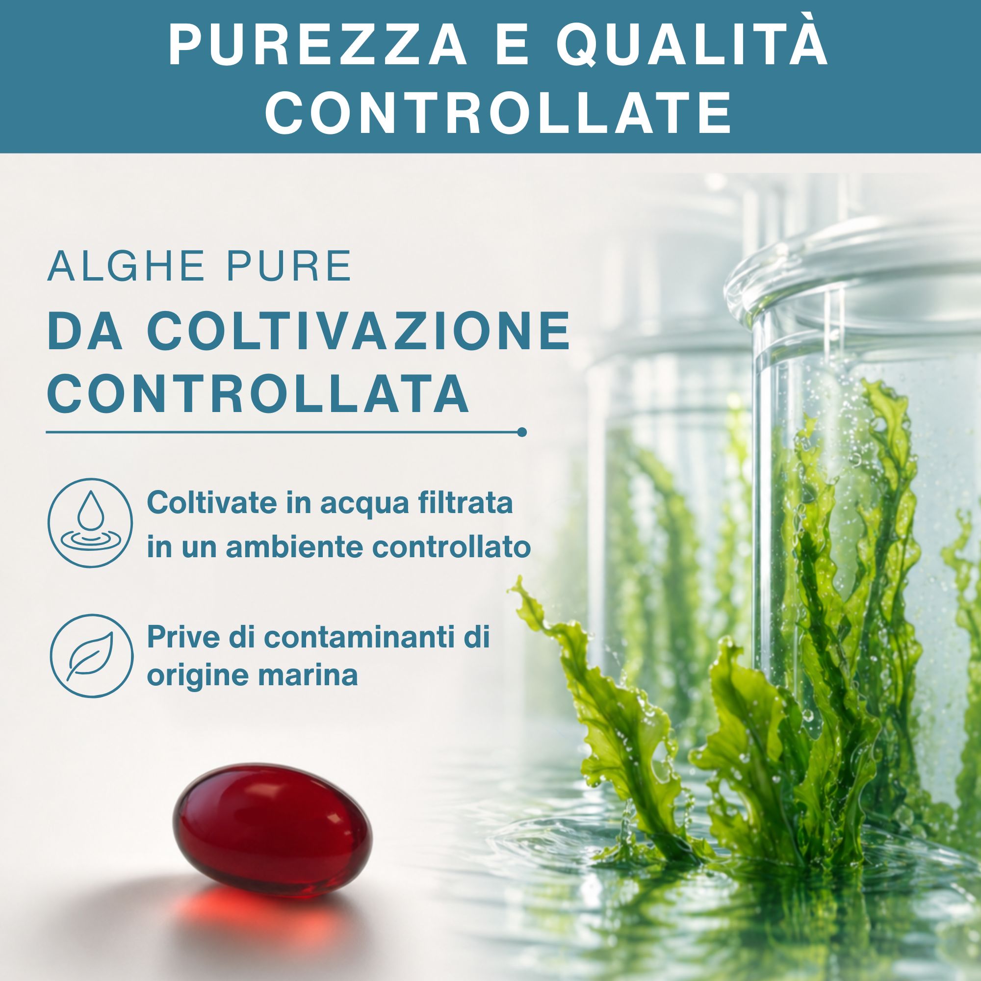 Omega-3 ultrapuro certificato IAOS. Testato per mercurio, PCB e diossine. Con logo IAOS.