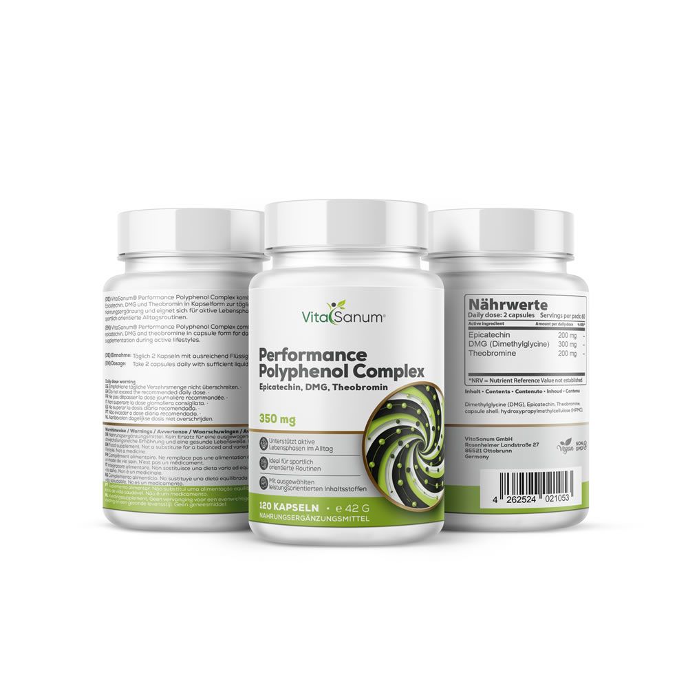 Tre flaconi di VitaSanum® Performance Polyphenol Complex Capsule, 120 pezzi per flacone.