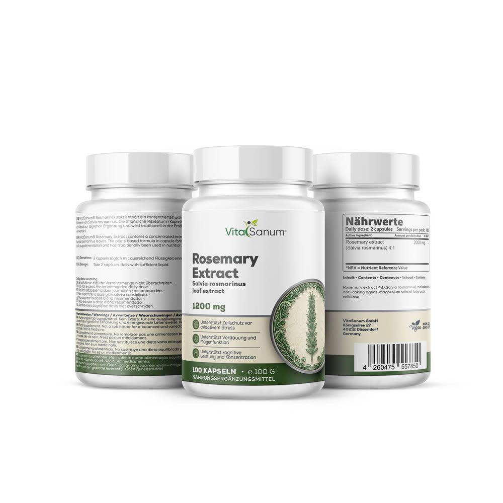 Tre flaconi bianchi con capsule. Scritta: VitaSanum, Rosemary Extract, 1200 mg. Illustrazione di rametto di rosmarino. 100 capsule.