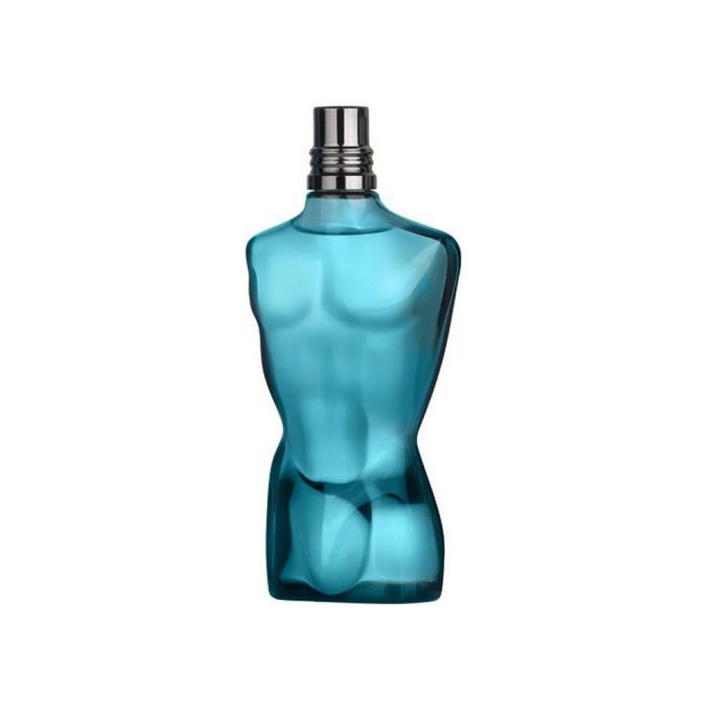 Flacone blu turchese a forma di torso con tappo argentato. Il flacone è posto su sfondo bianco.