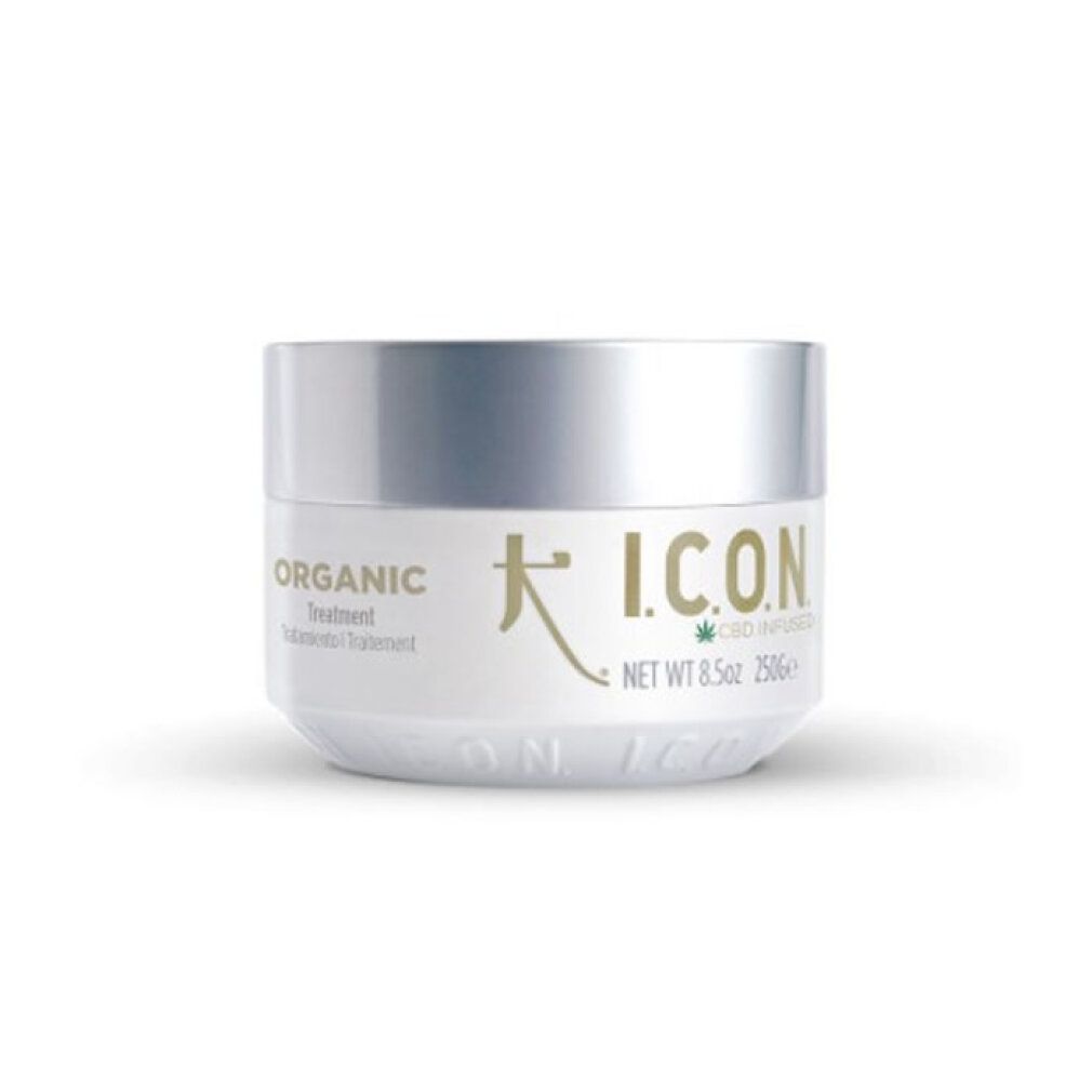 Vasetto bianco con coperchio argentato. Scritta: ORGANIC Treatment, I.C.O.N. CBD INFUSED. Peso netto 8.5oz 250g.
