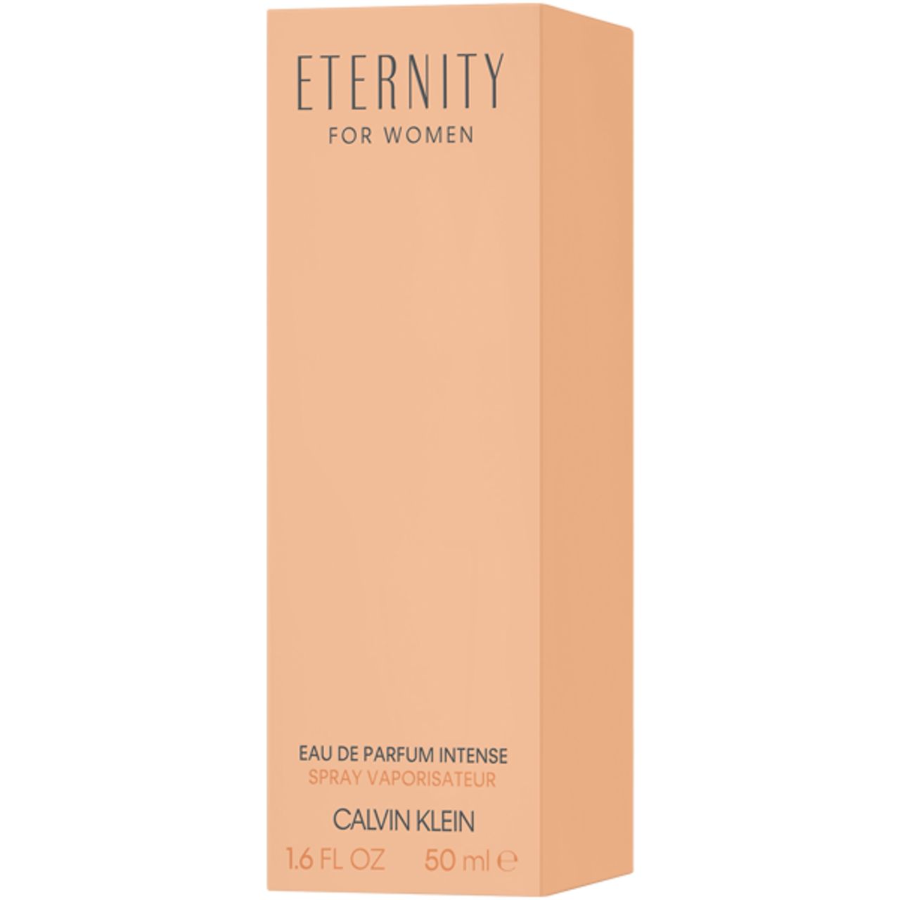 Confezione rettangolare beige. Scritta: Eternity for Women, Eau de Parfum Intense, Calvin Klein, 1.6 FL OZ, 50 ml.