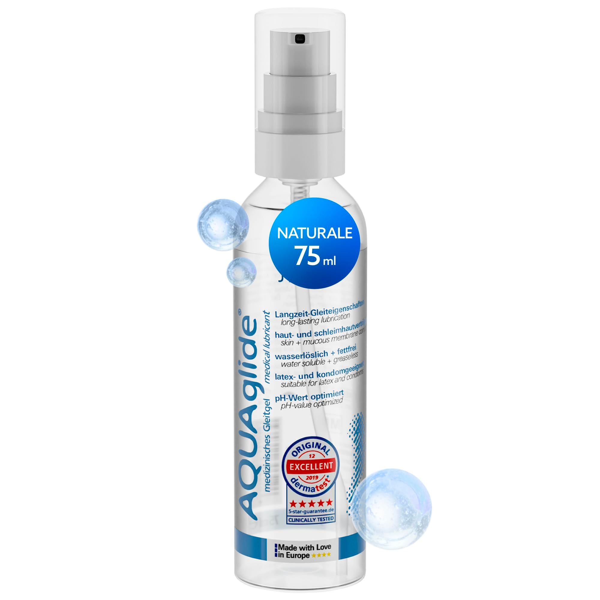 Gel lubrificante AquaGlide in flacone trasparente con erogatore a pompa. L'originale.