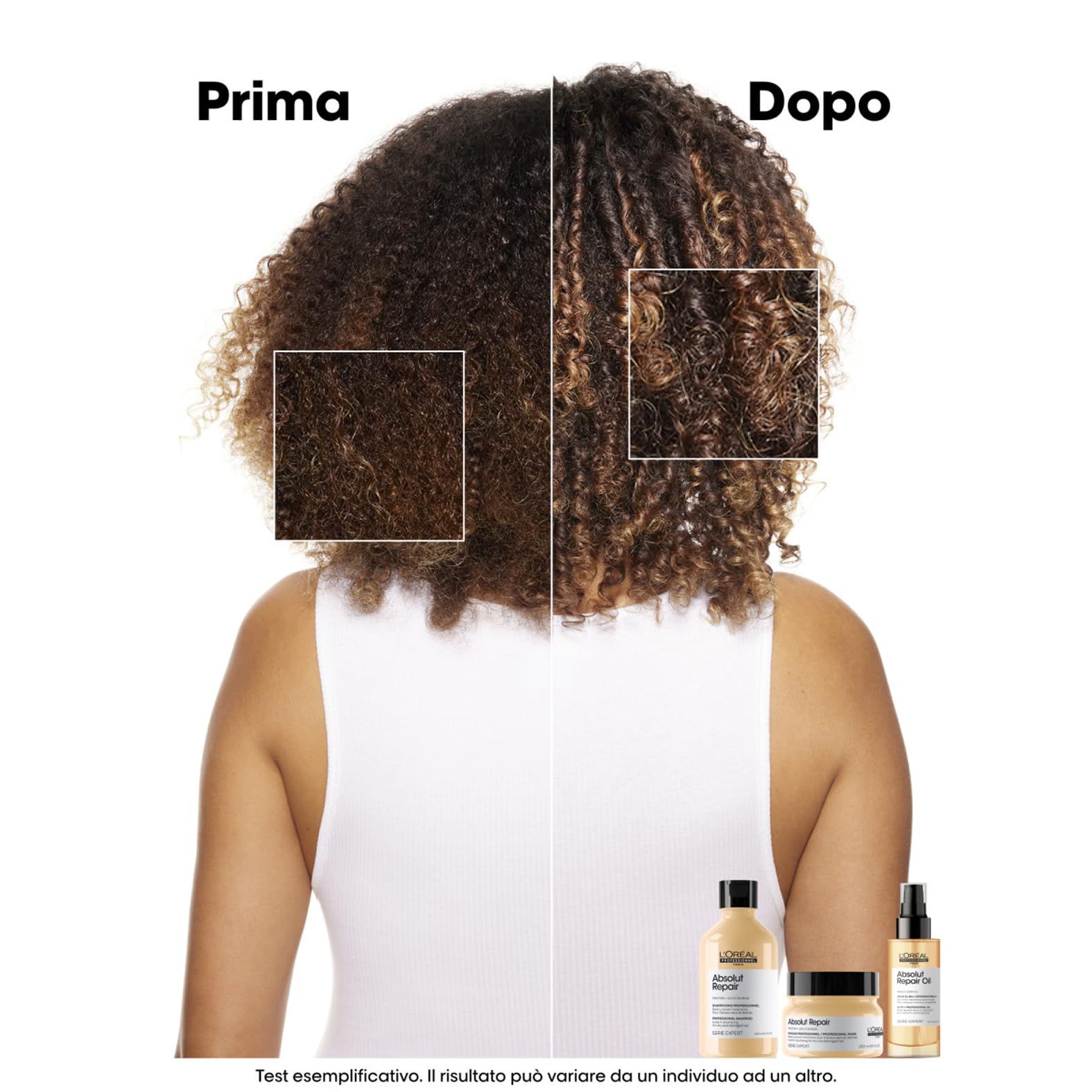 Confronto capelli ricci prima e dopo l'uso. Vengono mostrati due tipi di capelli. Prodotti: shampoo, maschera e olio.
