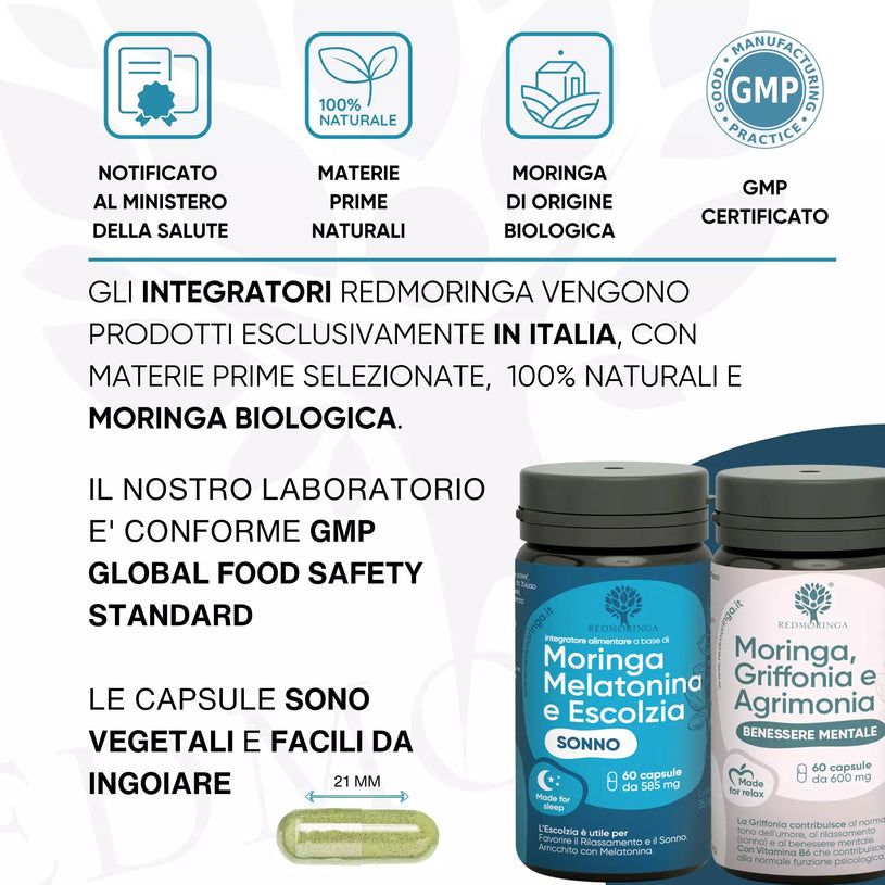 Certificazioni e flaconi di capsule RedMoringa. Testo: Notificato al ministero della salute, Materie prime naturali, Moringa di origine biologica.