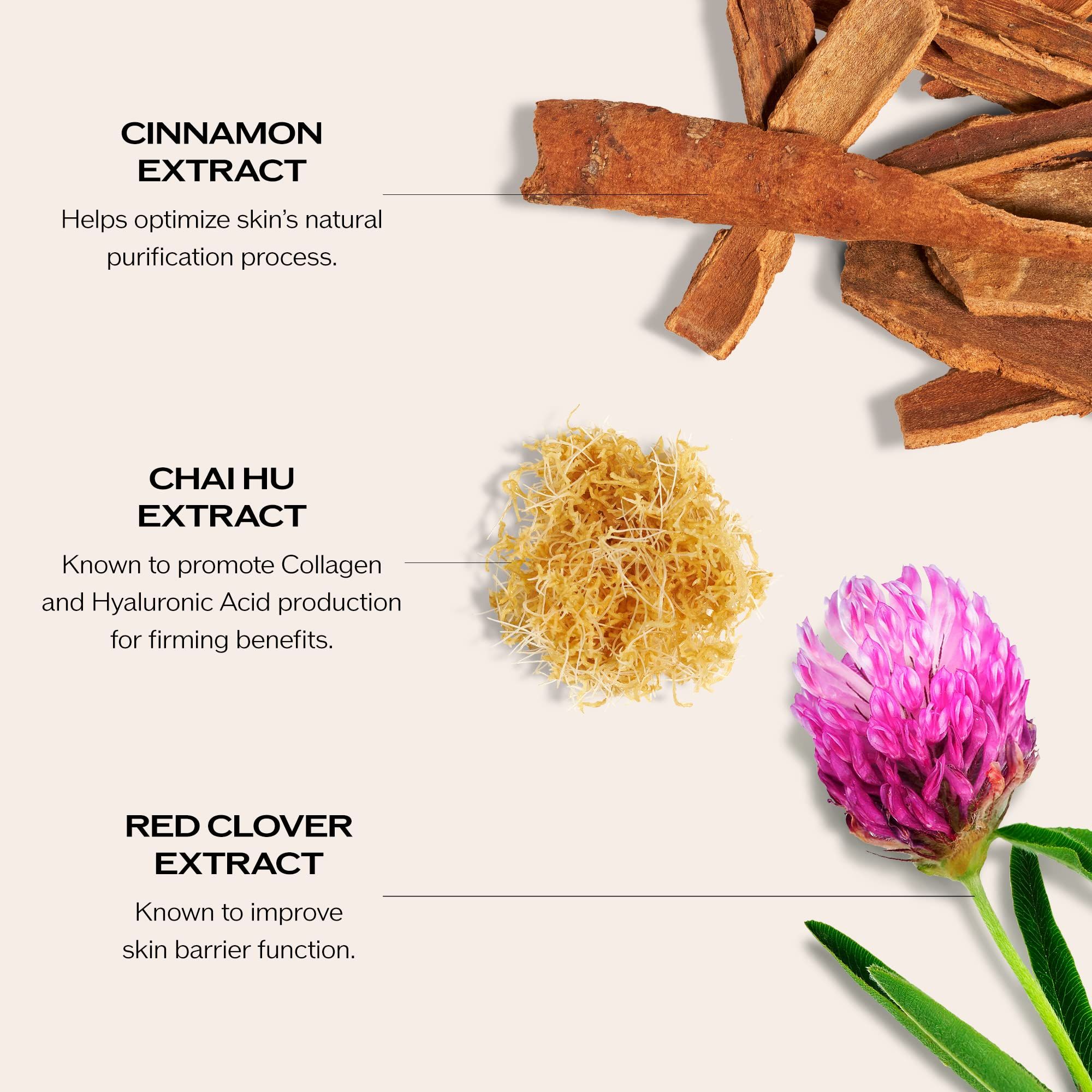Estratto di cannella, estratto di Chai Hu ed estratto di trifoglio rosso. Descrizioni testuali: Ottimizza la purificazione naturale della pelle, favorisce il collagene, migliora la barriera cutanea.