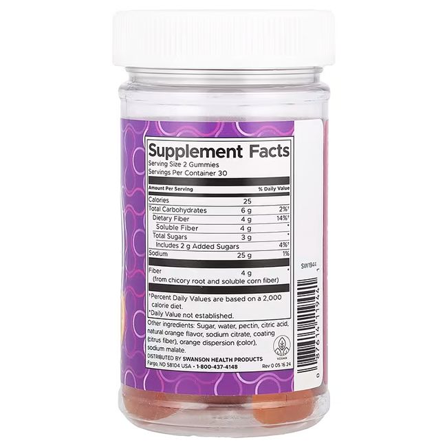 Barattolo trasparente con caramelle gommose arancioni. Etichetta con informazioni nutrizionali e ingredienti. Coperchio bianco.