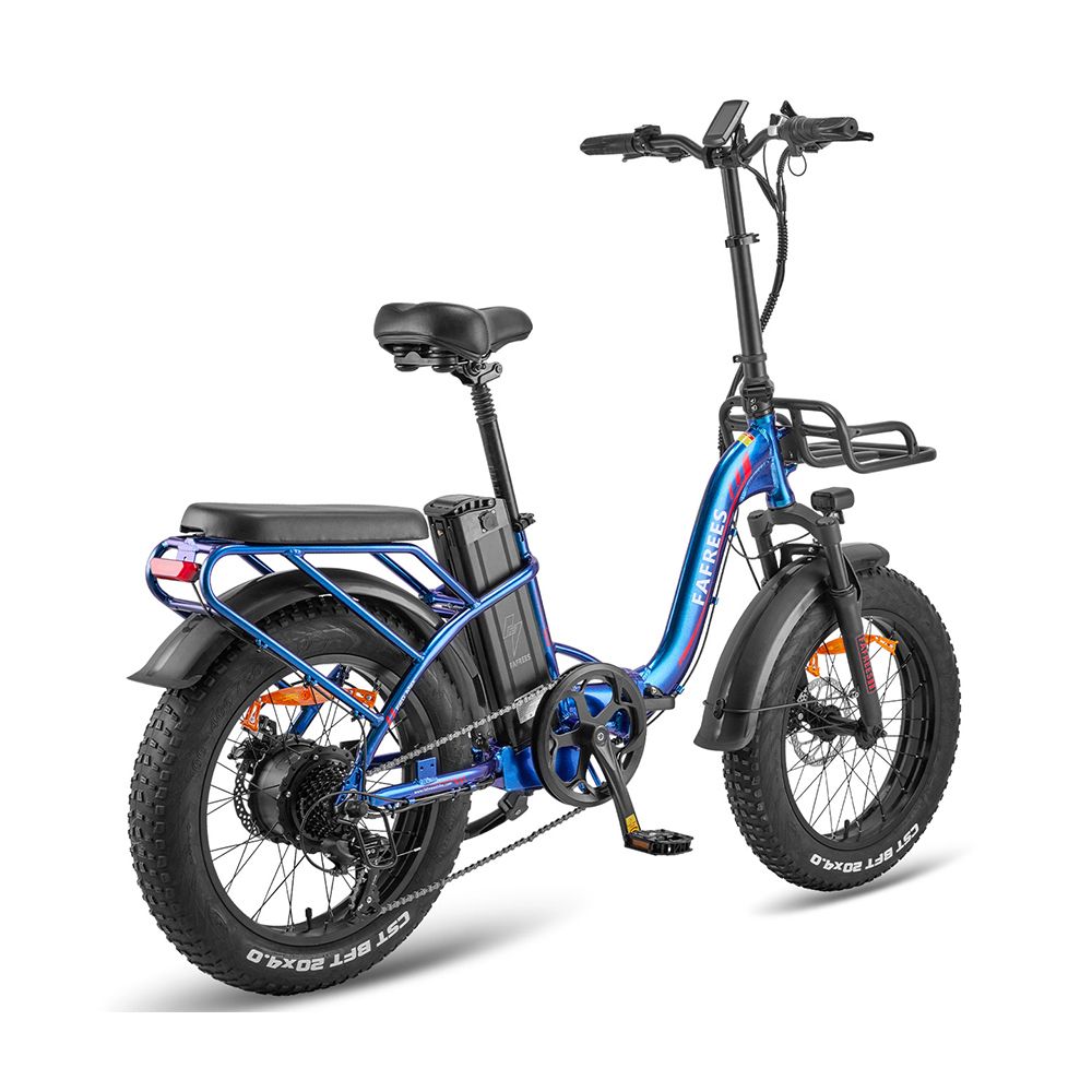 Bicicletta elettrica blu Fafrees F20 Max. Pneumatici neri, portapacchi, cestino anteriore e parafanghi. Marchio visibile.