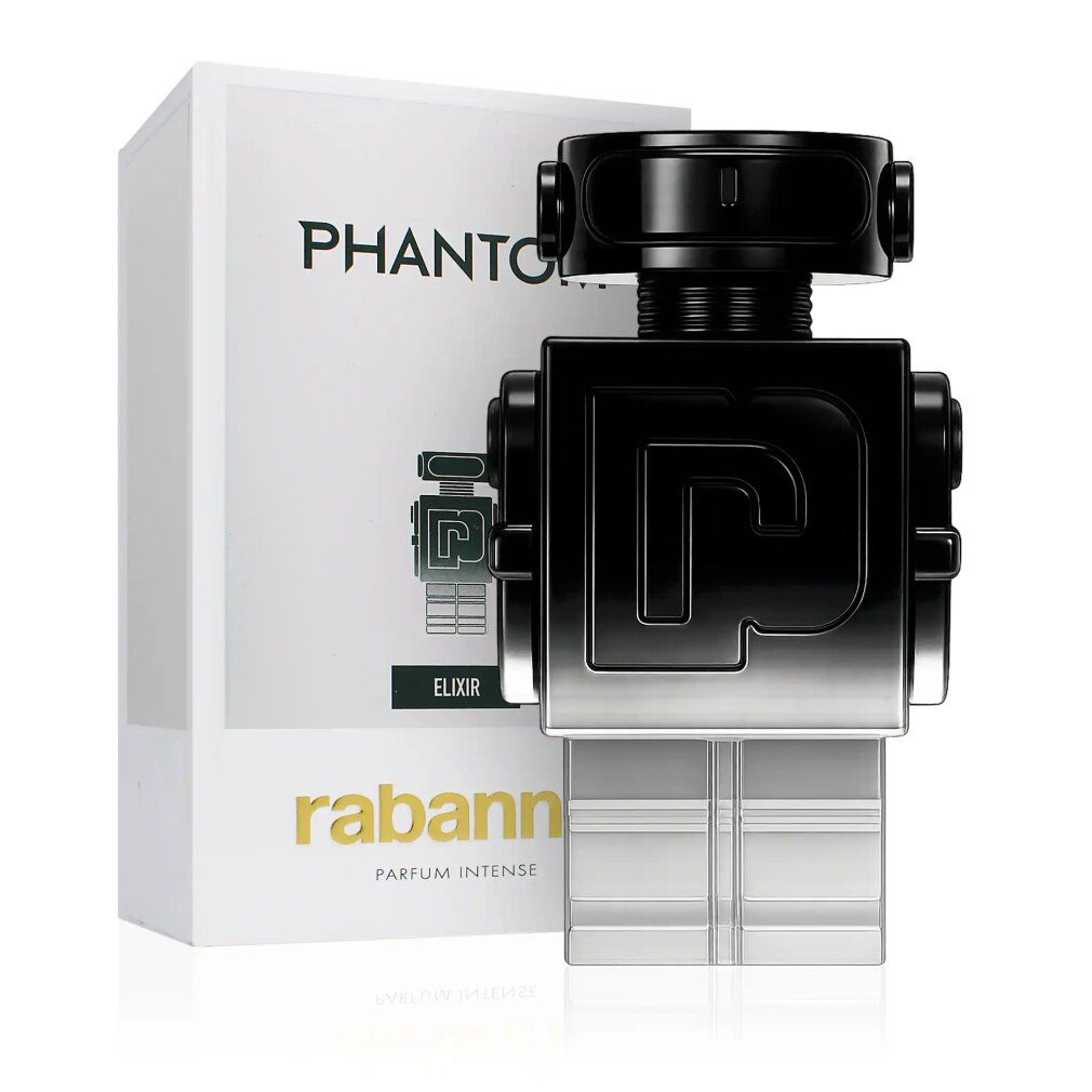 Flacone di profumo a forma di robot, argento-nero. Confezione con scritta "Phantom" e "rabanne".