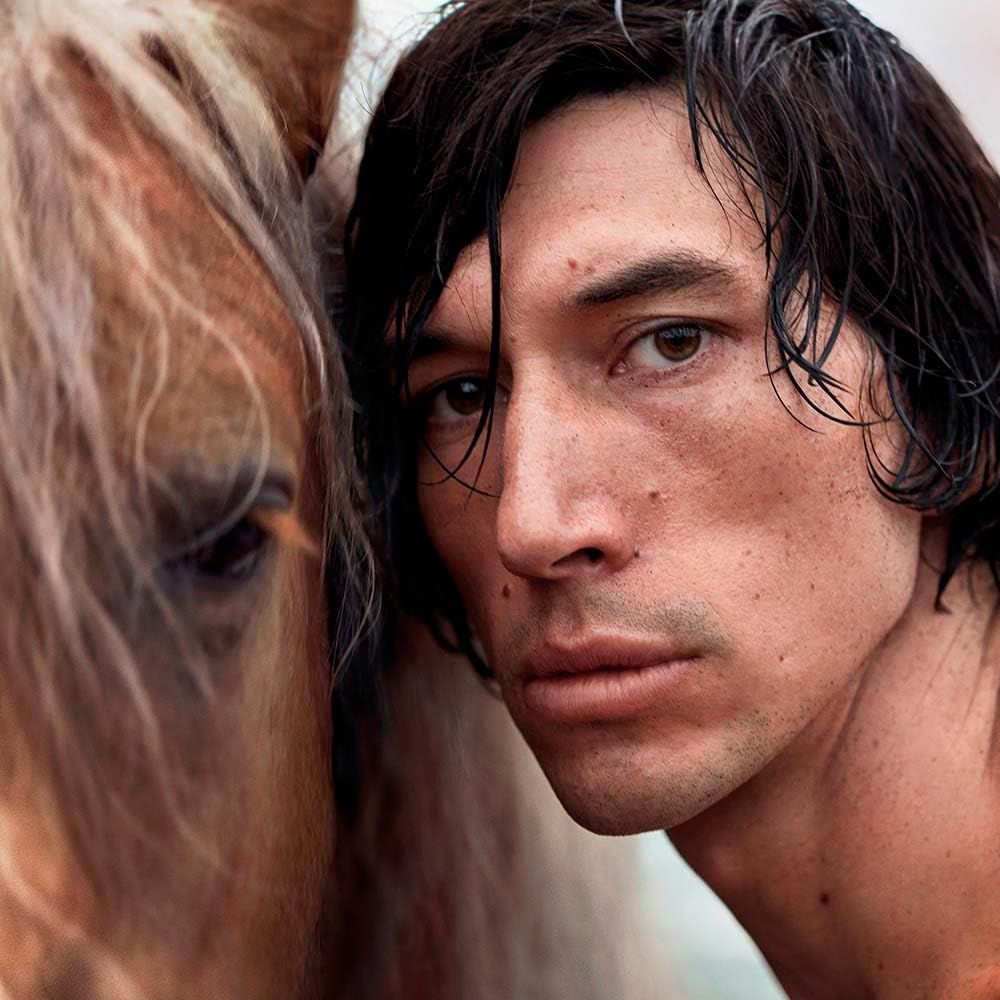 Ritratto di un uomo con un cavallo. Uomo con capelli scuri, cavallo con criniera chiara.