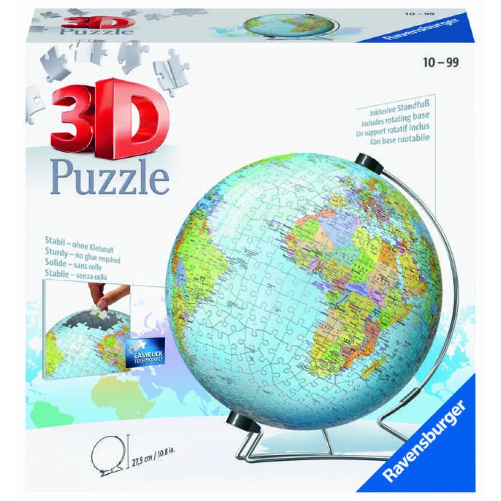 Globo puzzle 3D su supporto. Il globo mostra continenti e paesi. Marchio Ravensburger. Diametro 21,5 cm.