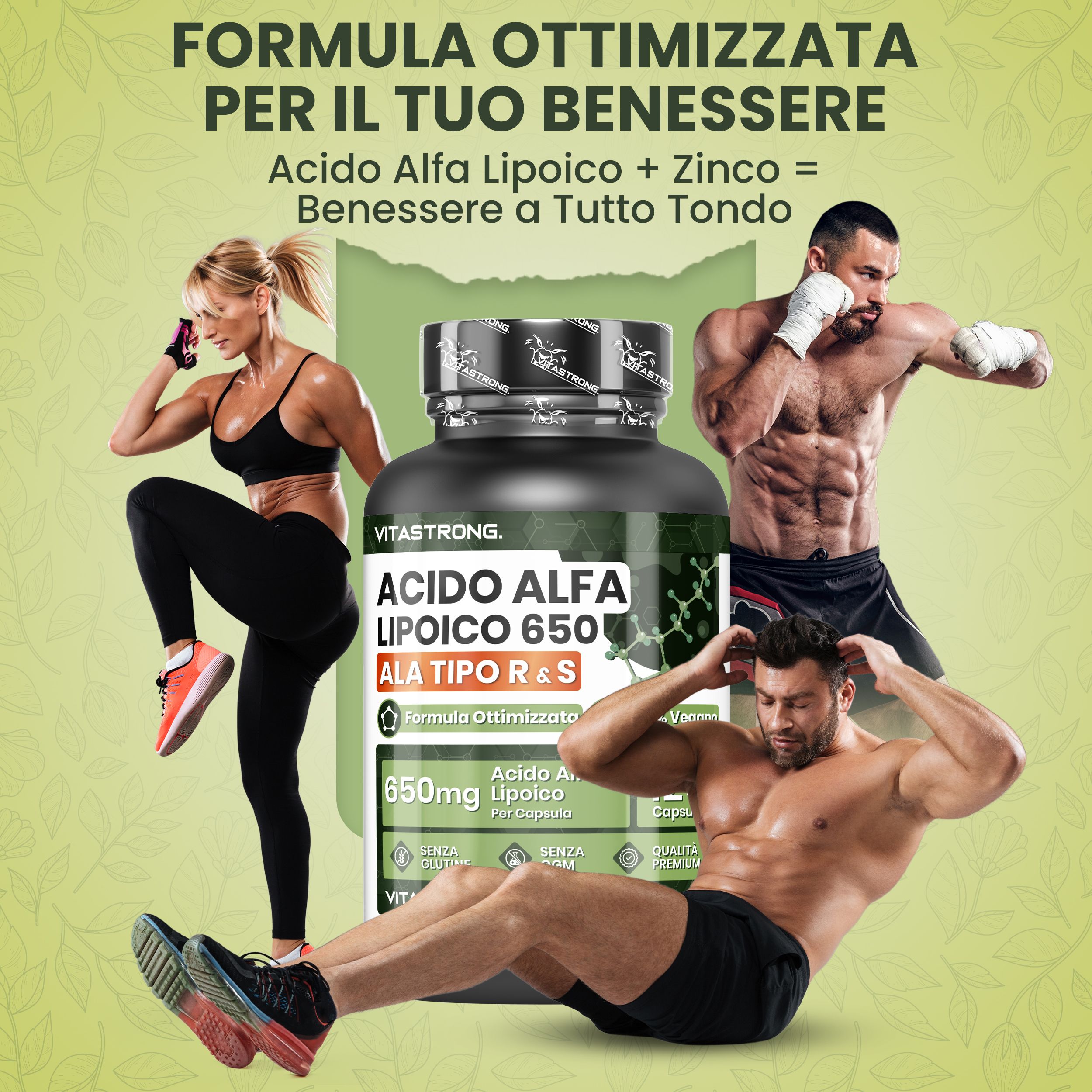 Flacone di capsule. Testo: Acido Alfa Lipoico 650, ALA Tipo R&S. Persone in allenamento.