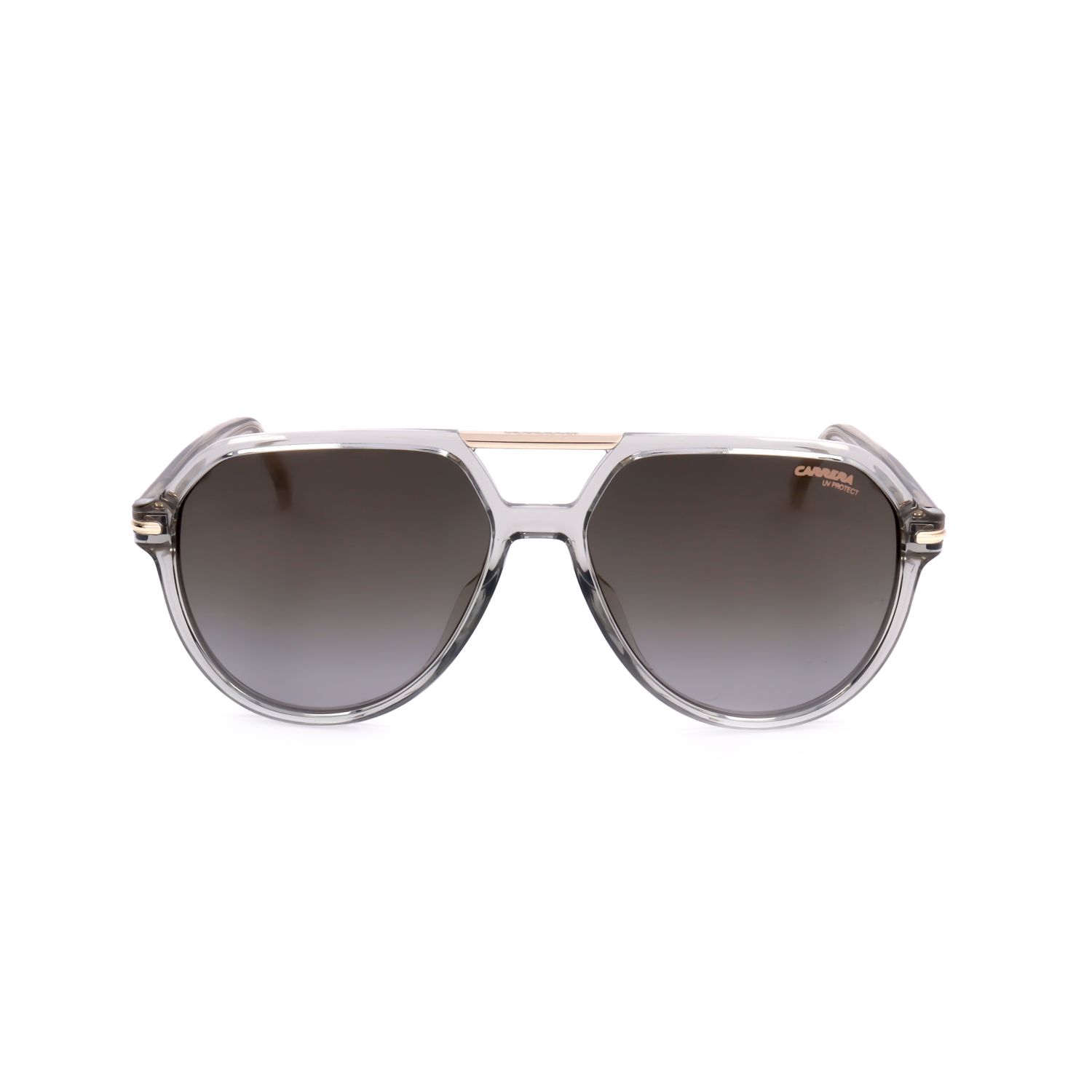 Occhiali da sole grigi stile aviatore con montatura trasparente e barra superiore dorata. Logo Carrera sulla lente destra.