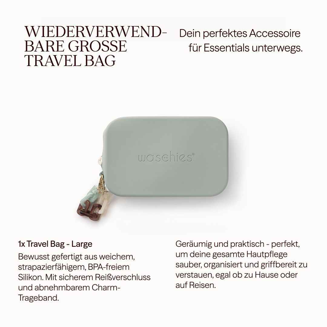 Travel Bag grigio chiaro con cerniera e ciondolo. Testo: Travel Bag riutilizzabile. Descrizione del prodotto.