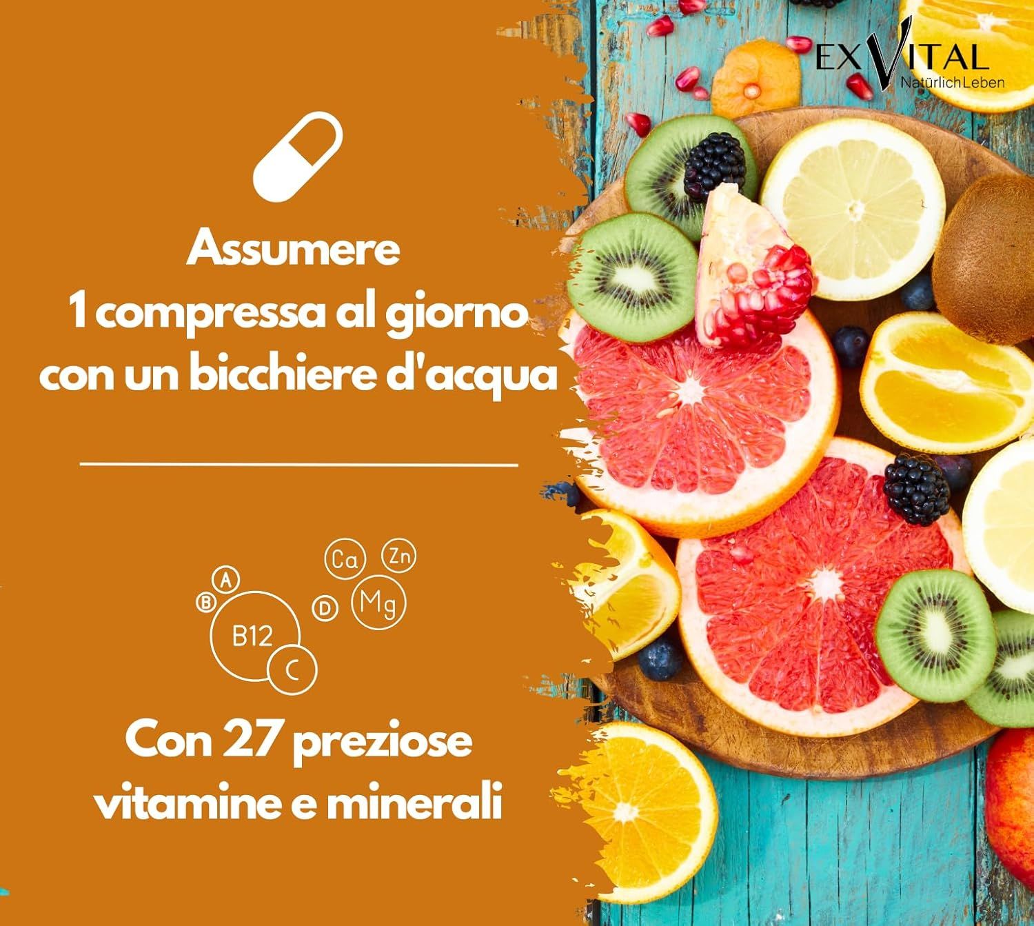 Selezione di frutta su tagliere. Testo: 1 compressa al giorno con acqua. 27 vitamine e minerali.