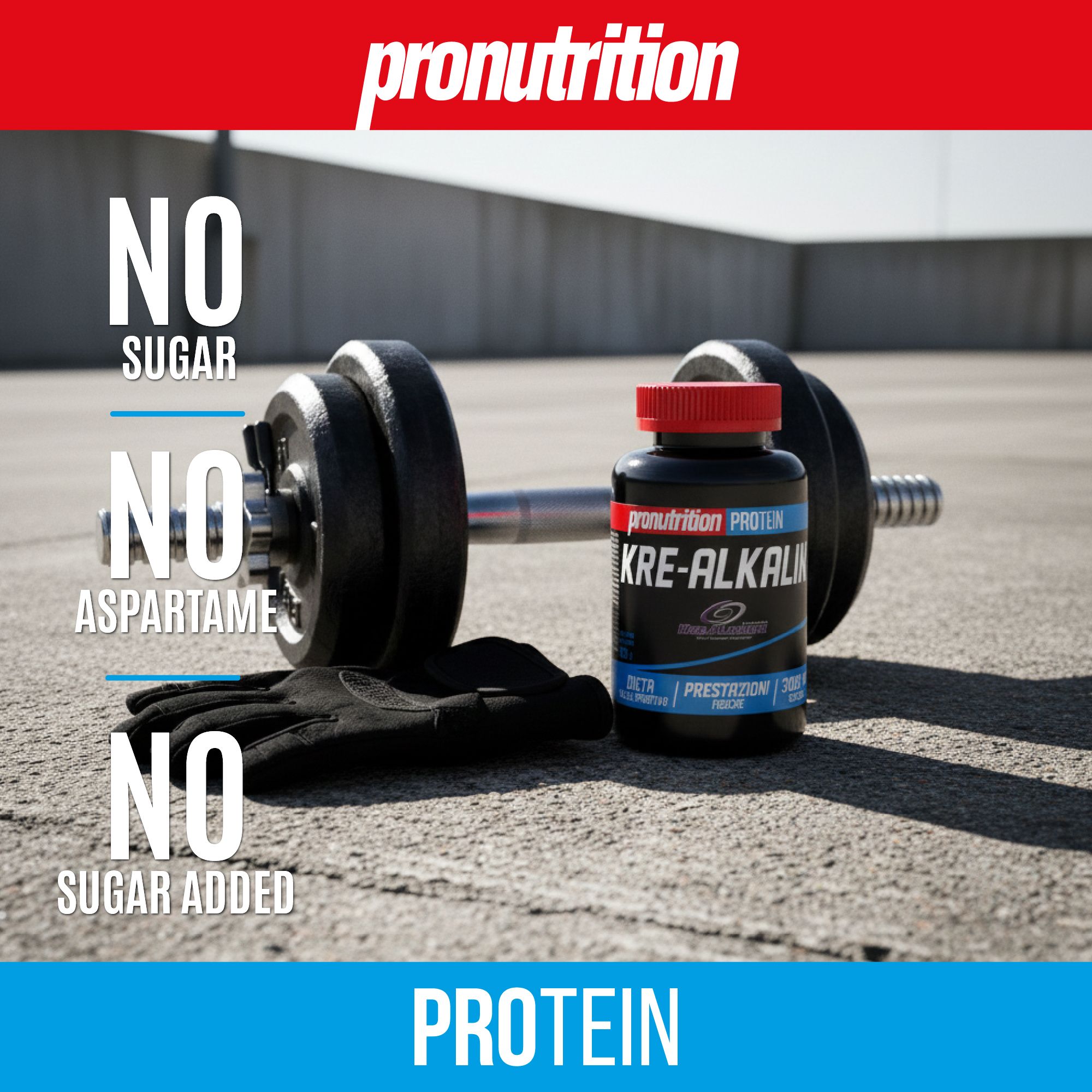 Flacone nero con tappo rosso, nome del prodotto e testo. Accanto manubrio e guanti.