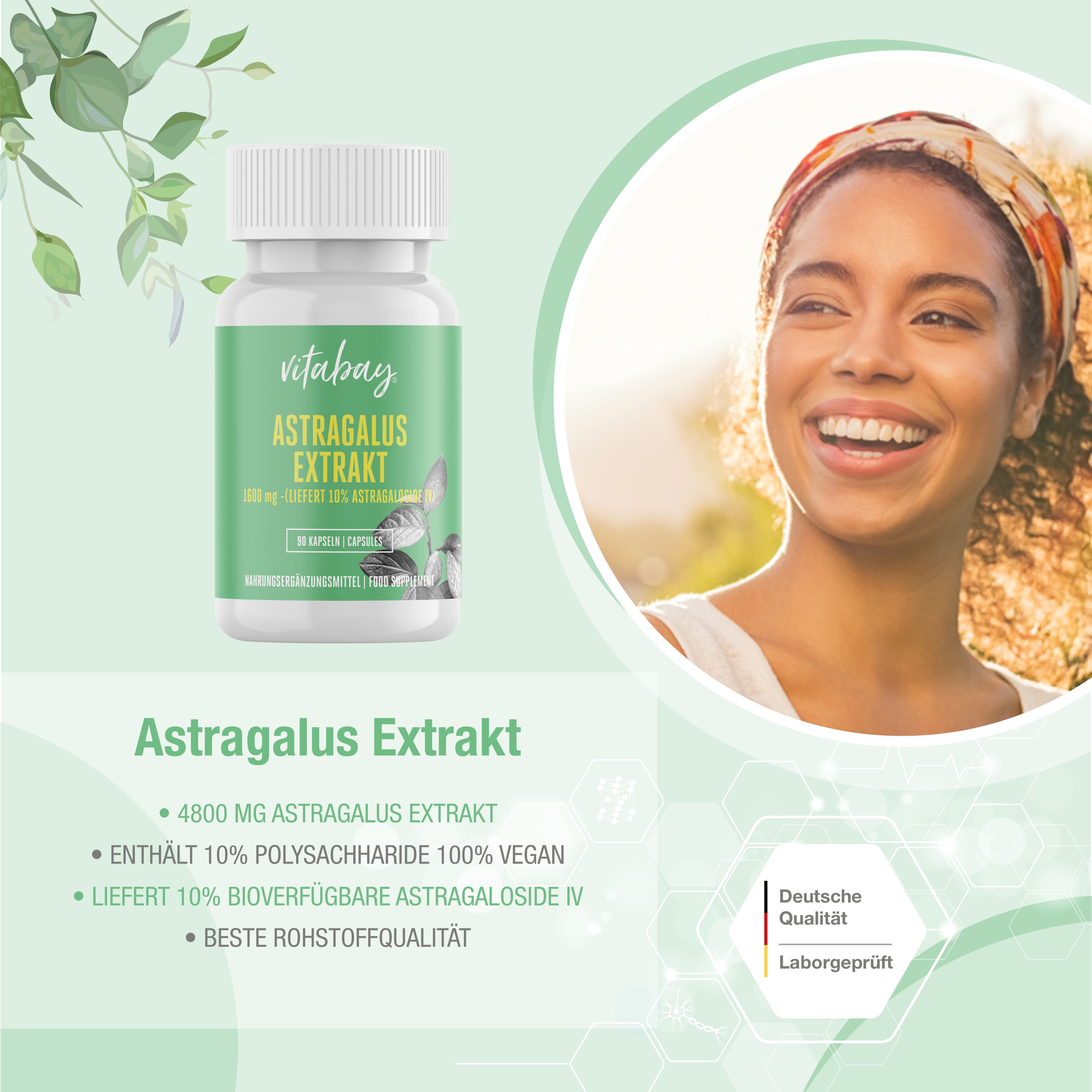Capsula Vitabay Astragalus Estratto accanto a una donna sorridente.