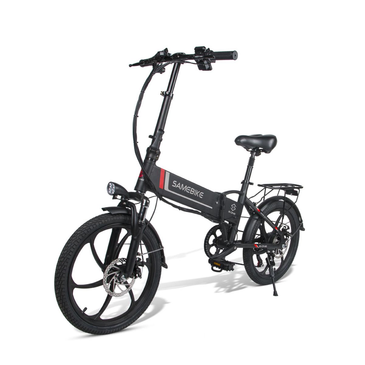 Bicicletta elettrica SAMEBIKE 20LVXD30 nera. Visibili: telaio, ruote, sella, portapacchi, fari, freni.