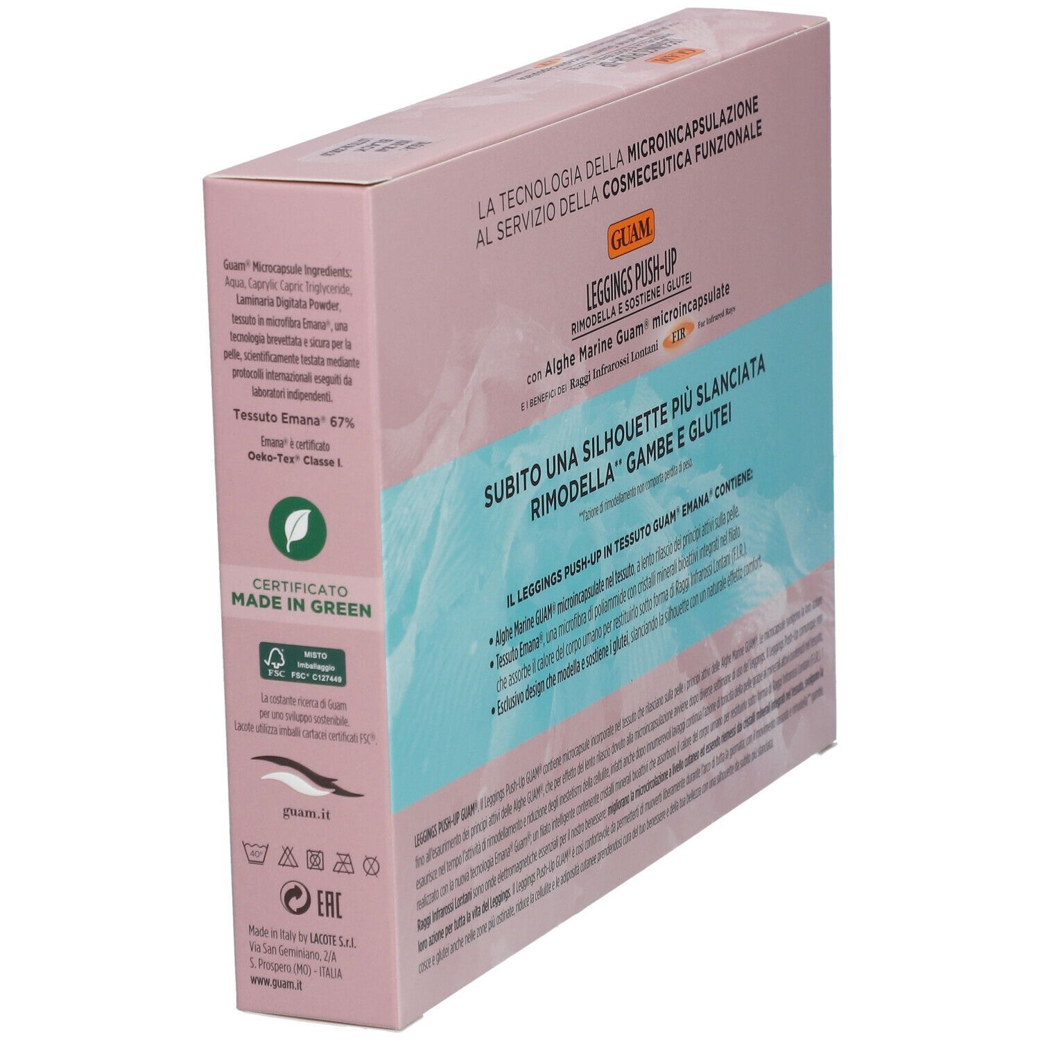 Confezione GUAM® Leggings Push-Up, vista laterale. Testo: 'Rimodella e sostiene i glutei'. Certificazione 'Made in Green'.
