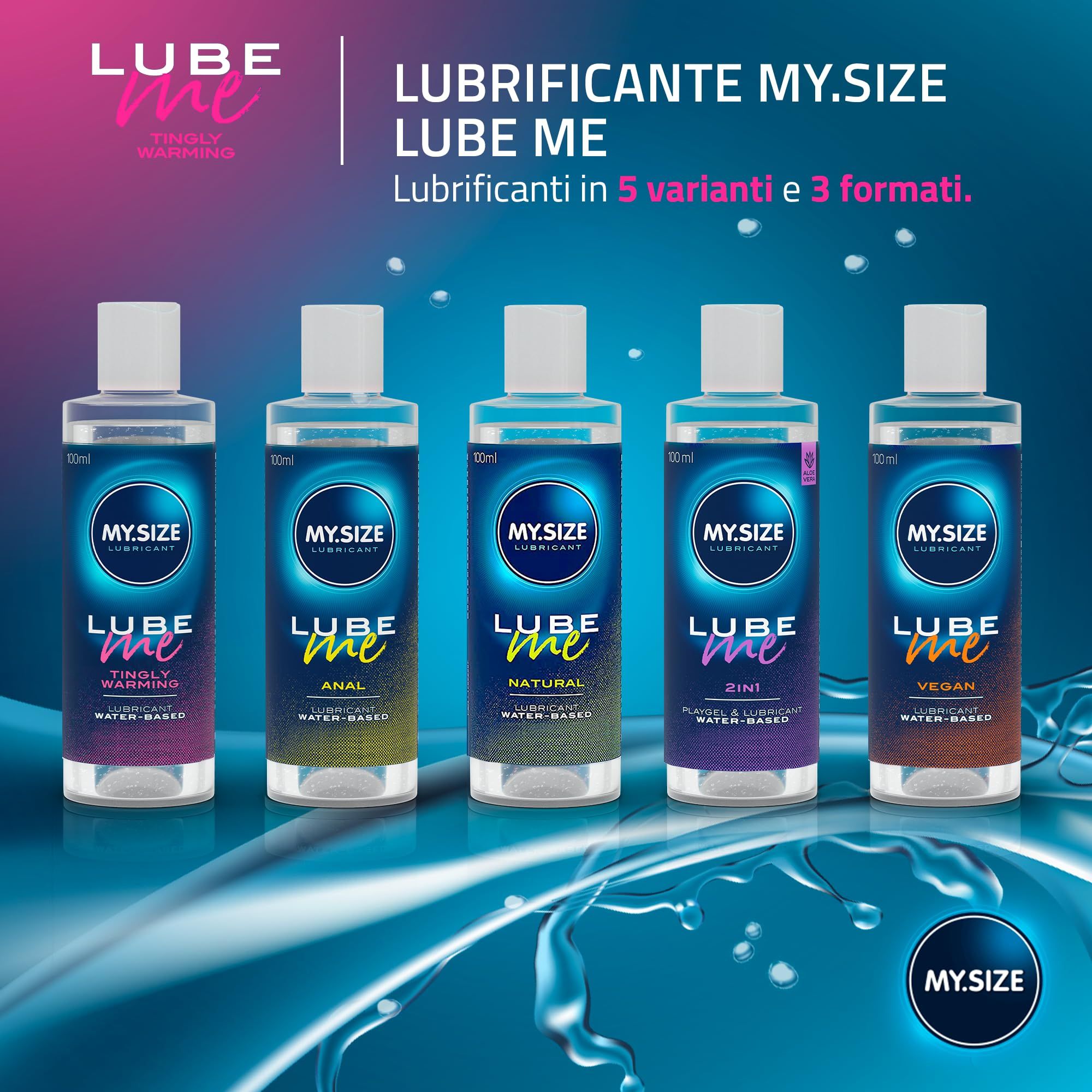Cinque flaconi di gel lubrificante MY.SIZE Lube Me in diverse varianti.