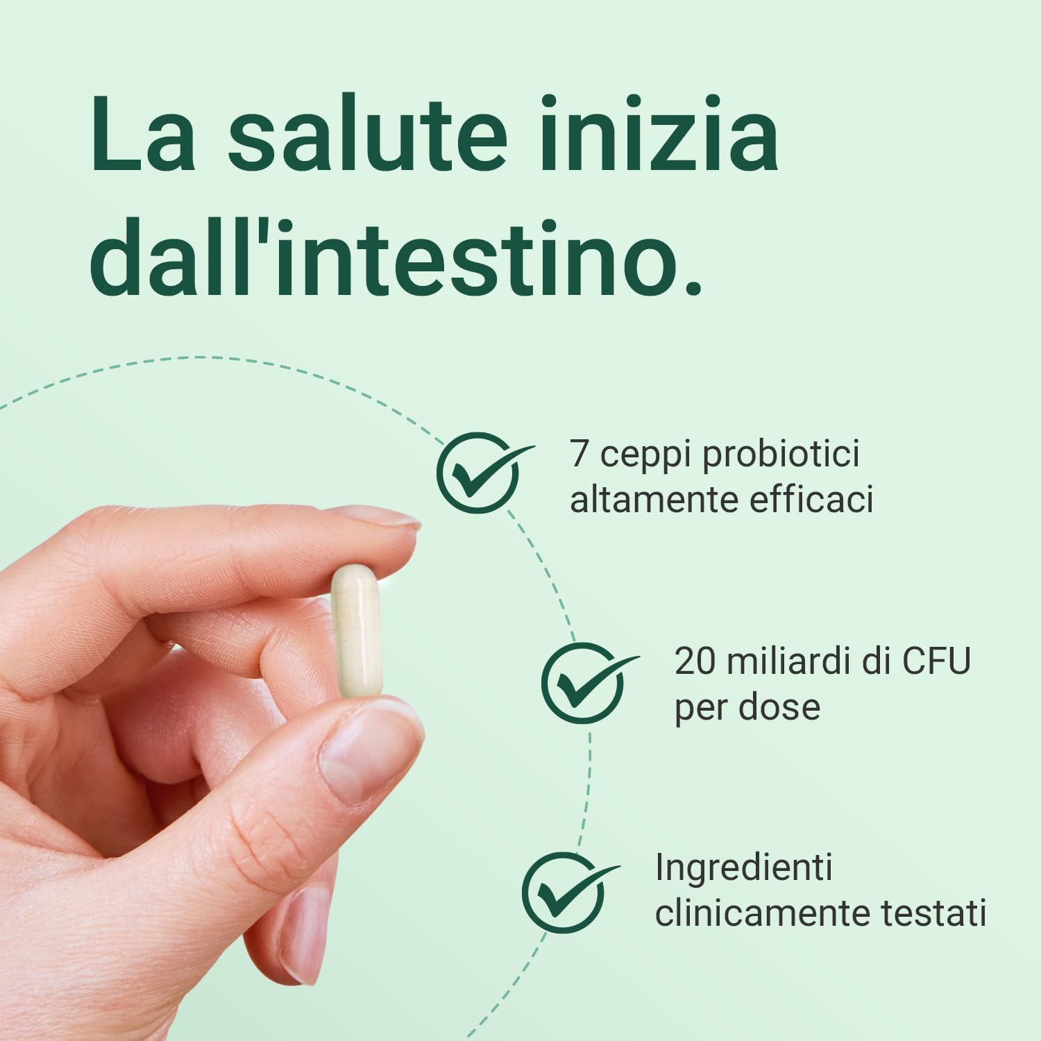 Mano che tiene una capsula. Testo: "7 ceppi probiotici altamente efficaci", "20 miliardi di UFC per dose", "Ingredienti clinicamente testati".