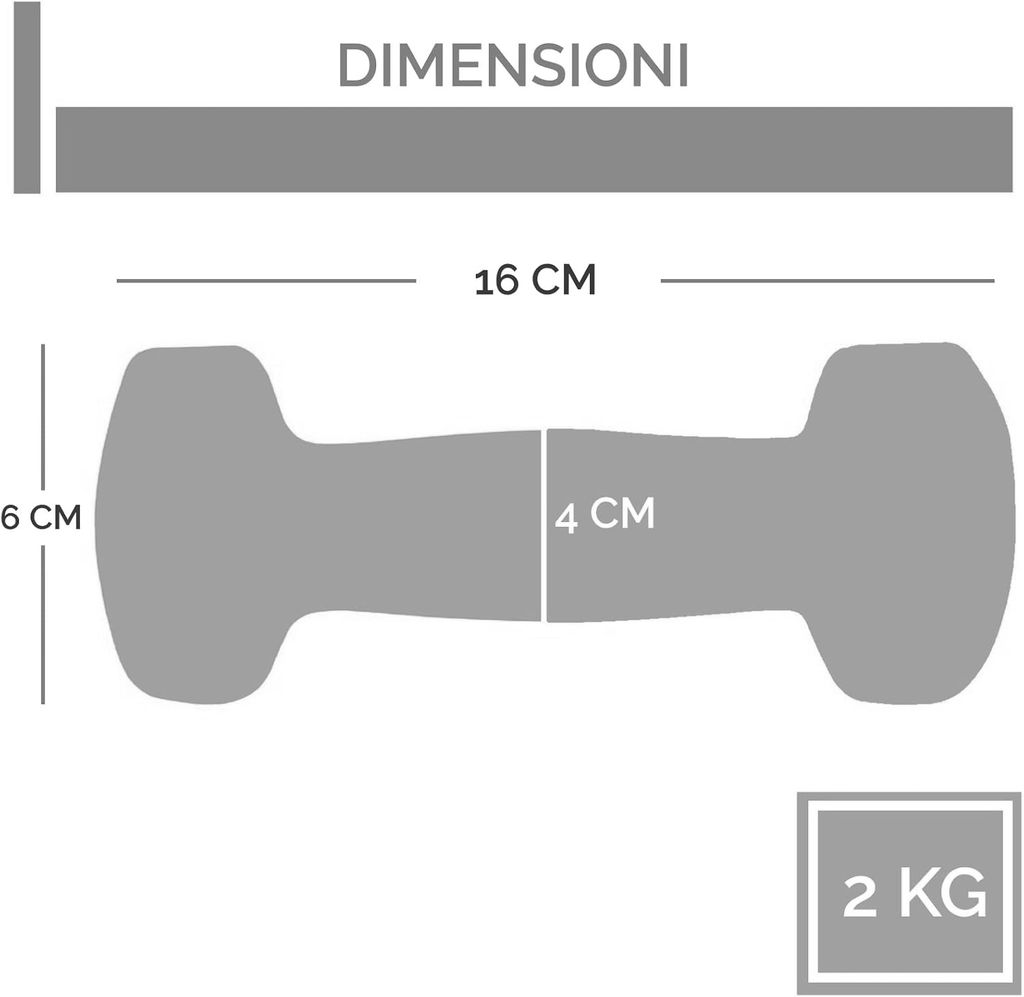 Schema di manubrio grigio con dimensioni: 16 cm lungo, 6 cm alto, 4 cm largo. Peso: 2 KG.